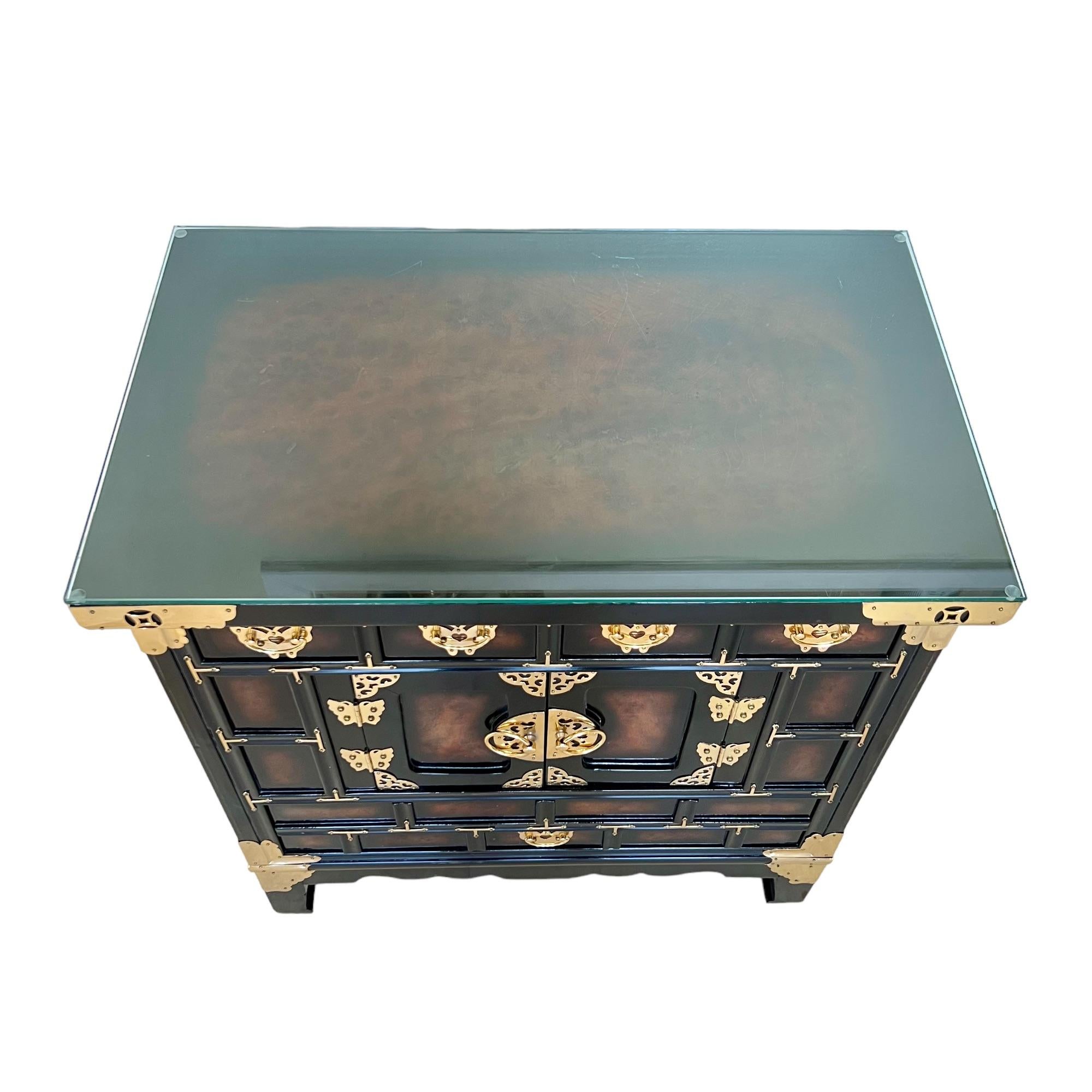 Late 20th Century Chinoiserie Black & Faux Burl Brass Mounted Chest, 1970s For Sale