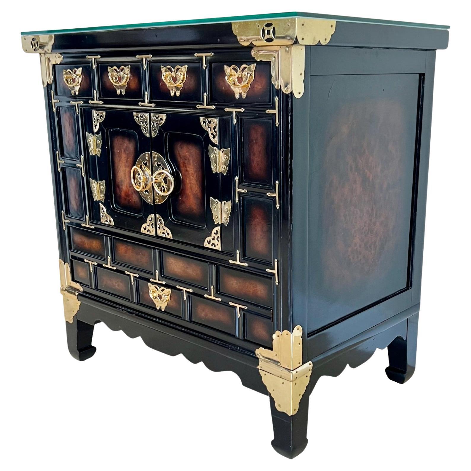 Chinoiserie Black & Faux Burl Brass Mounted Chest, 1970s