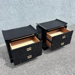 Chinoiserie Black Gloss Laminate Nightstands With Gold Accents - A Pair