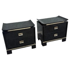 Chinoiserie Black Gloss Laminate Nightstands With Gold Accents - A Pair