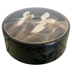 Vintage Chinoiserie Black Hand Painted Flying Heron Container