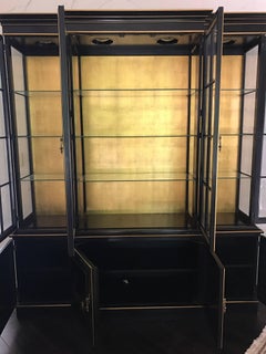 Chinoiserie Black Japanned Lighted Breakfront China Cabinet