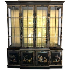 Chinoiserie Black Japanned Lighted Breakfront China Cabinet