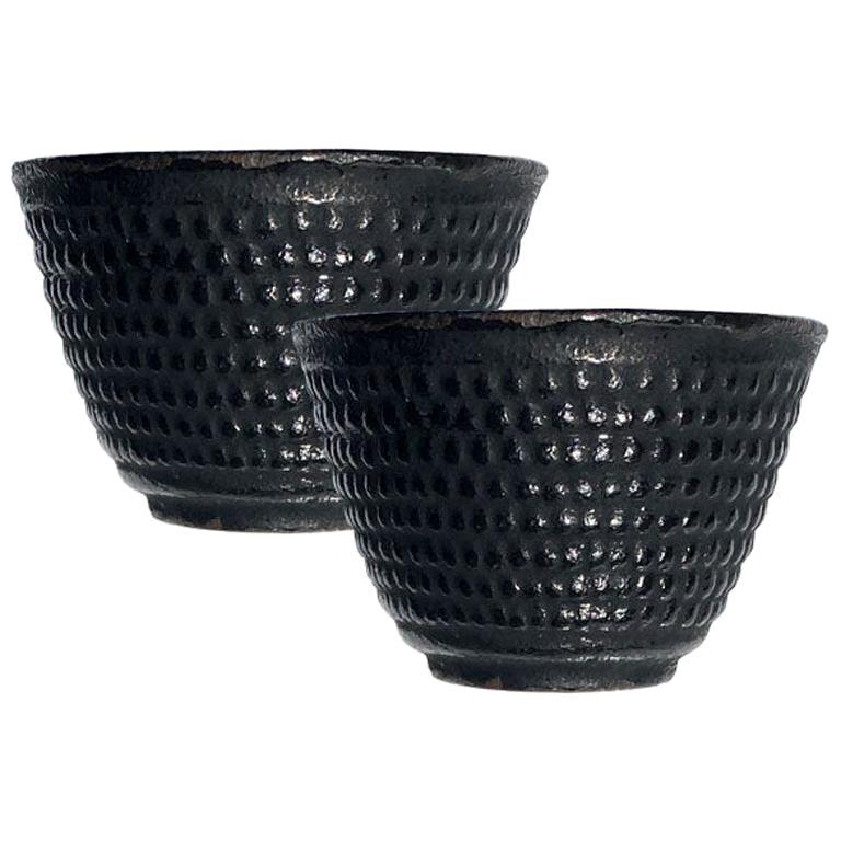 Chinoiserie Black Knobby Iron Tea Cups, a Pair For Sale