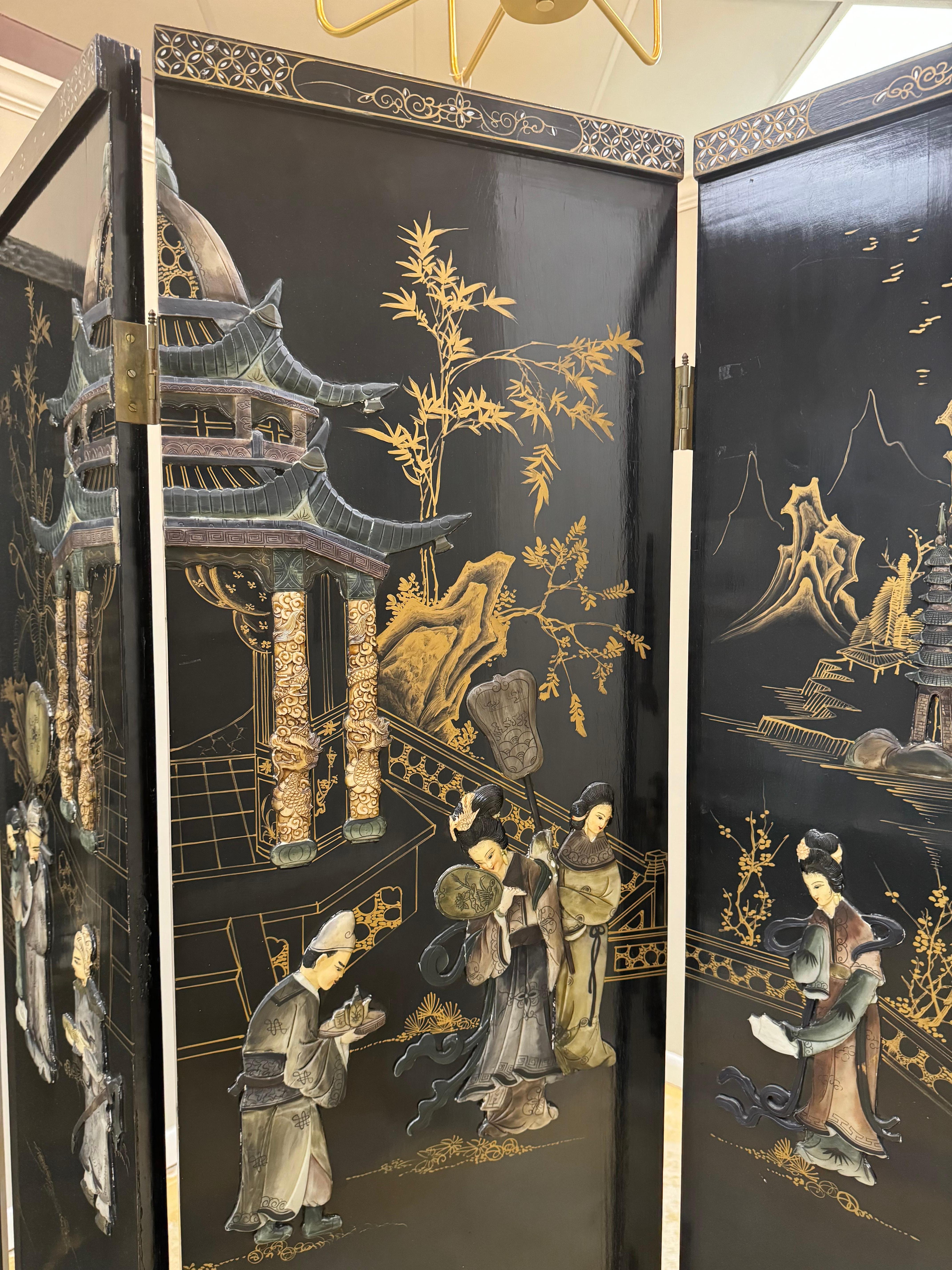 Chinoiserie schwarzer Lack Perlmutt & Specksteine 4 Paneele Raumtrenner im Angebot 11