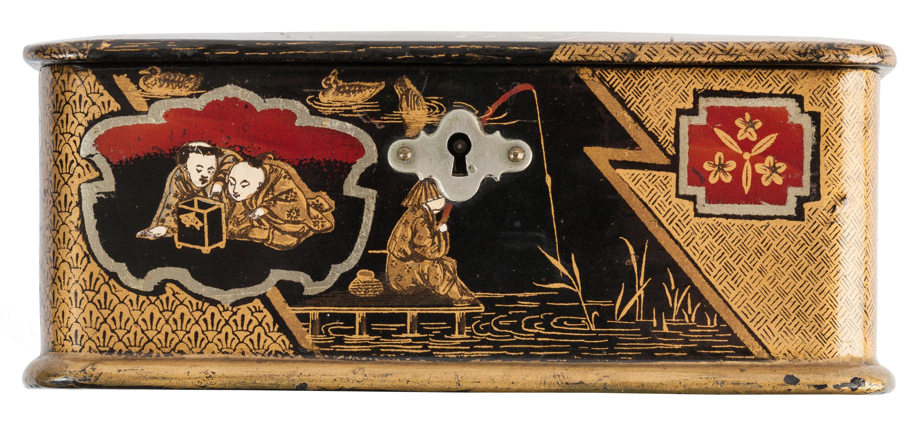 Painted Chinoiserie Black Lacquer and Gilt Papier Mâché Tea Caddy Box