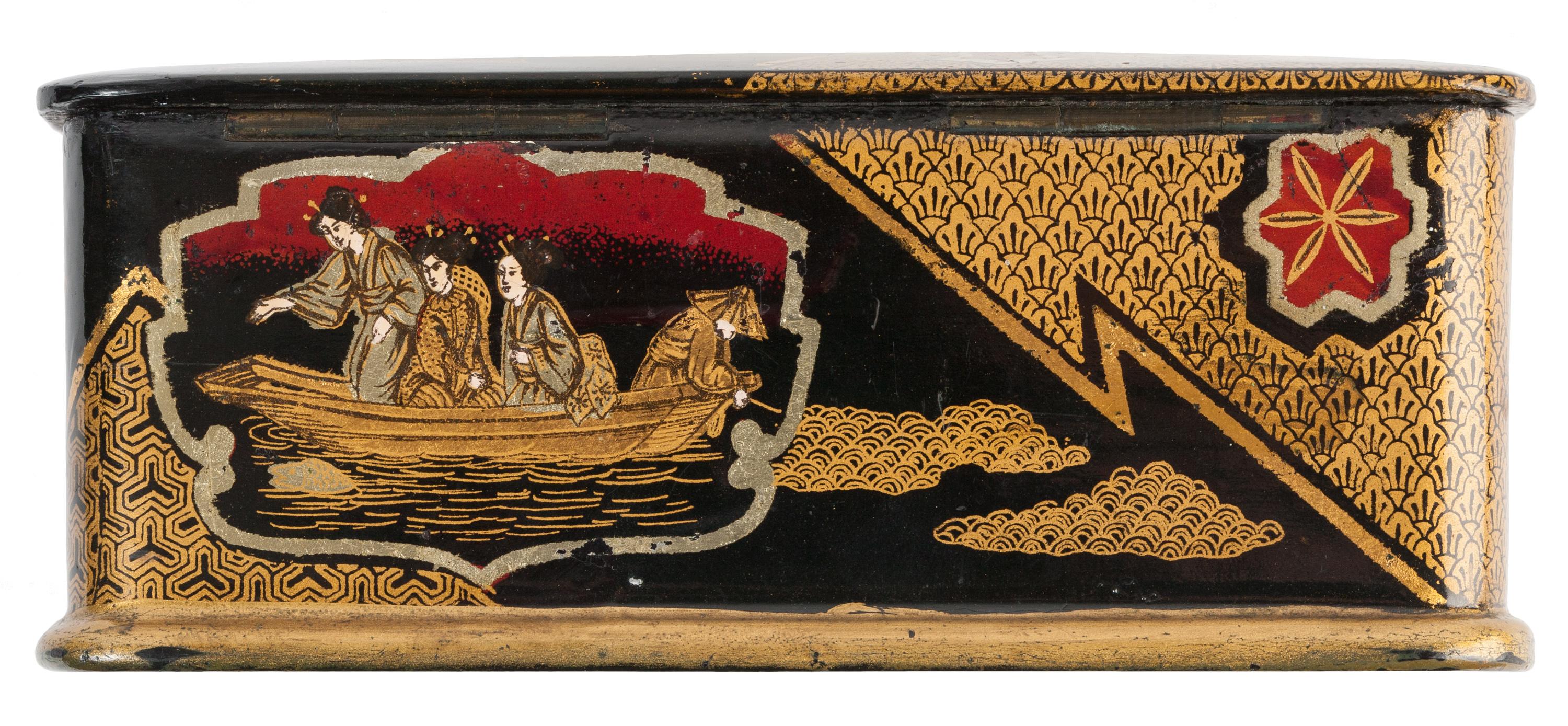 20th Century Chinoiserie Black Lacquer and Gilt Papier Mâché Tea Caddy Box