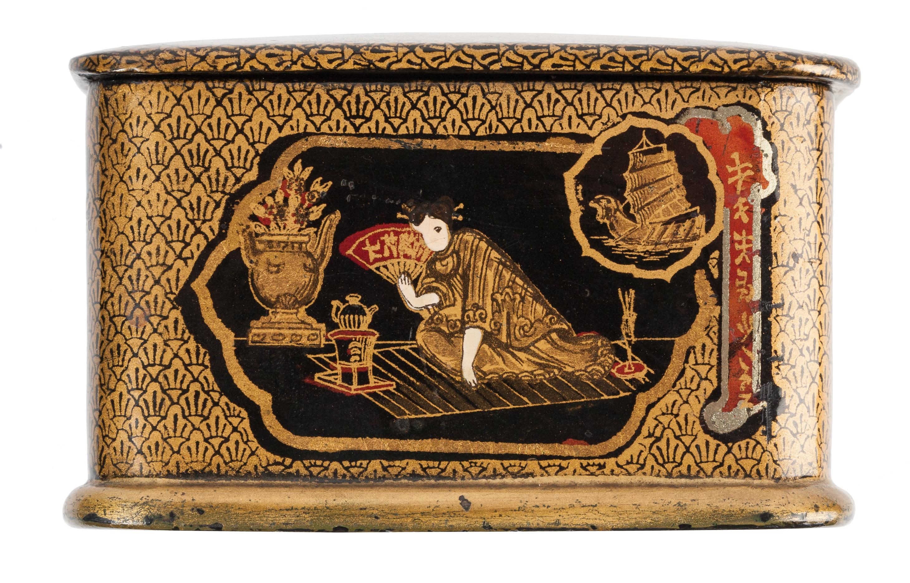 Paper Chinoiserie Black Lacquer and Gilt Papier Mâché Tea Caddy Box