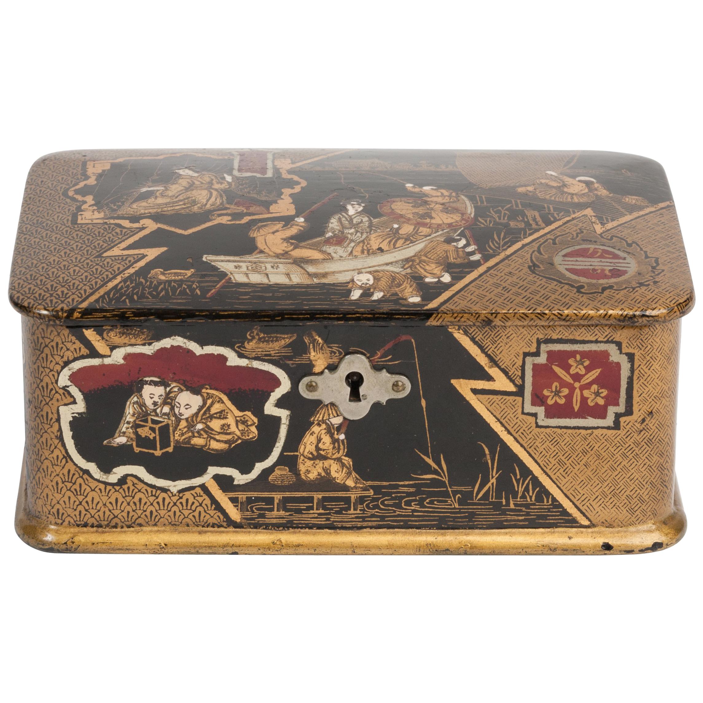Chinoiserie Black Lacquer and Gilt Papier Mâché Tea Caddy Box