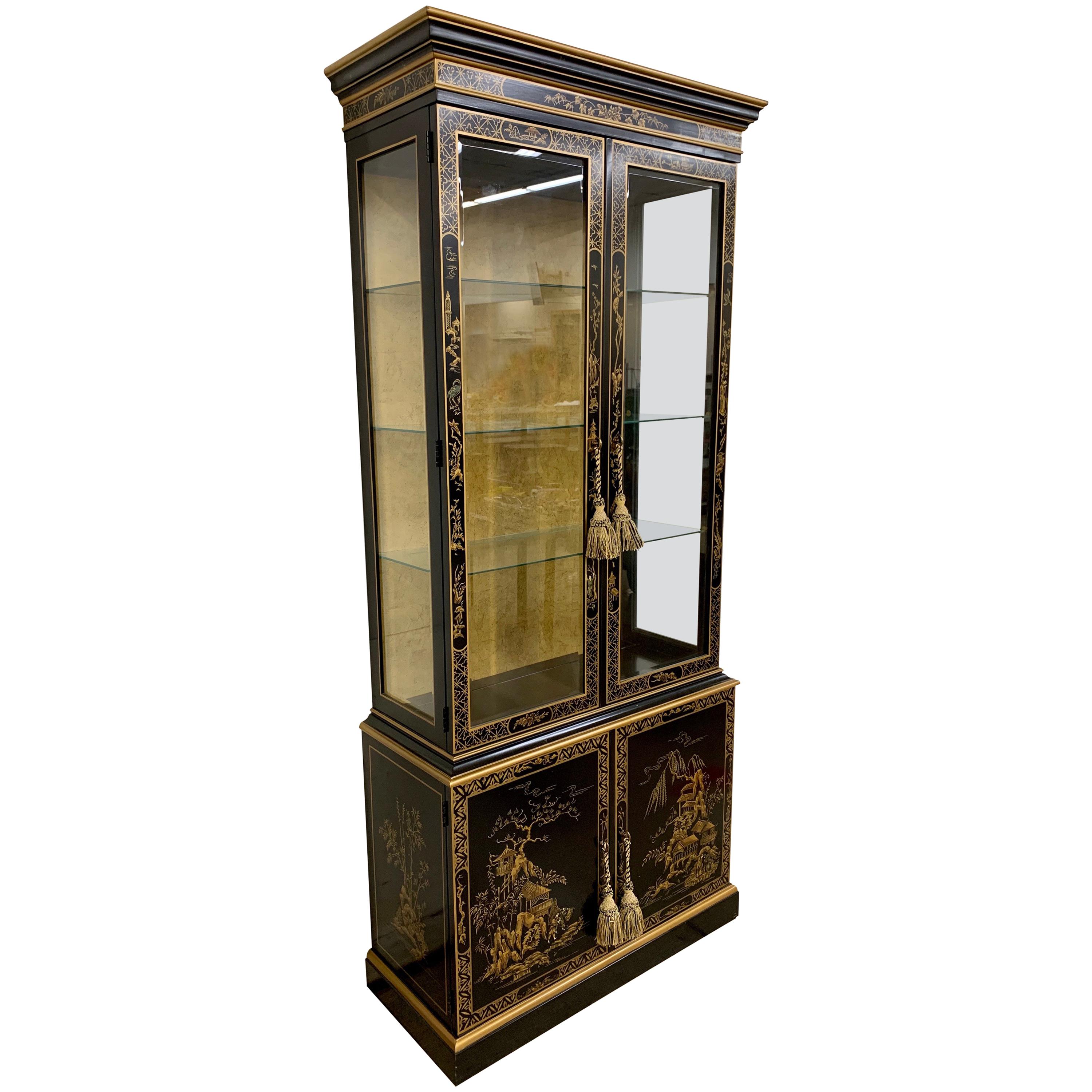 Chinoiserie Black Lacquer and Gold Lighted Display Cabinet
