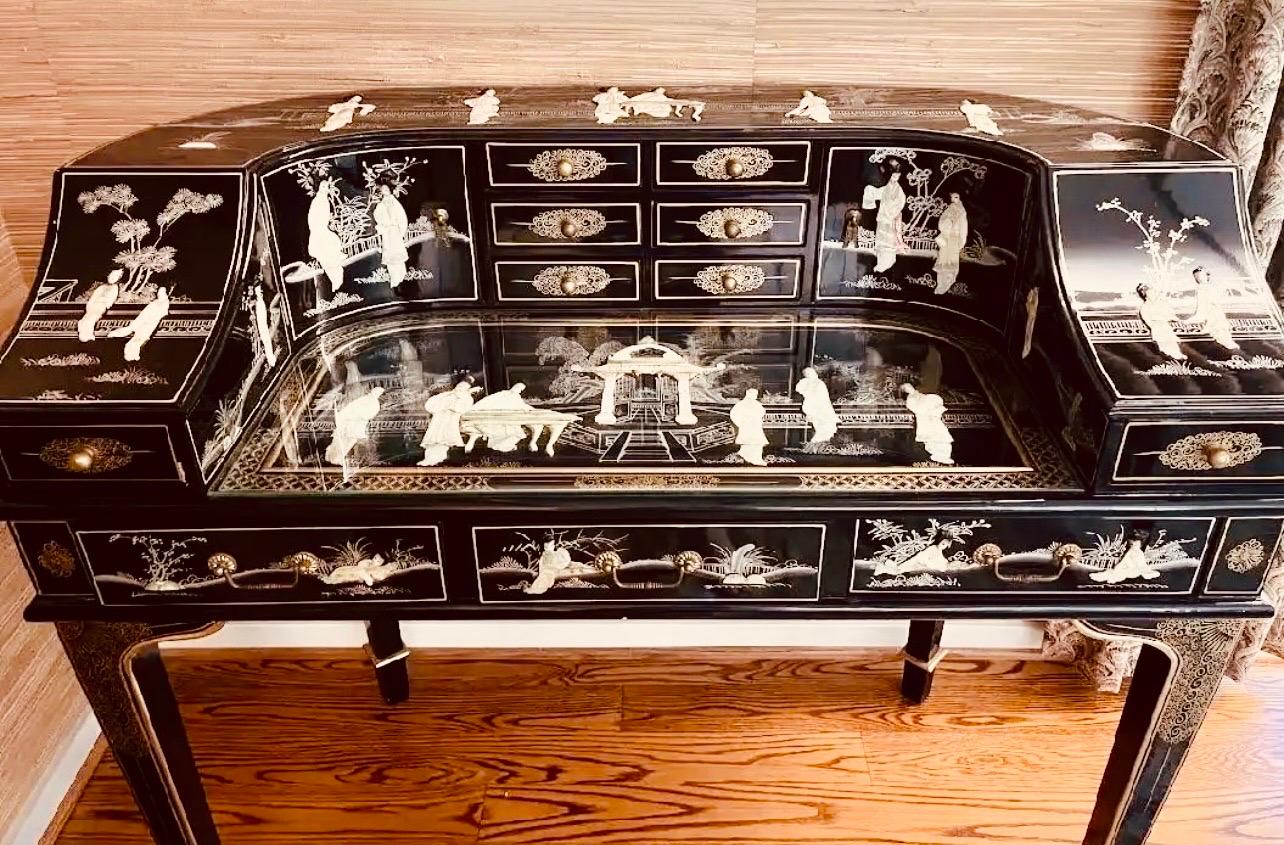 Chinoiserie Black Lacquer and Mother of Pearl Writing Desk Table and Chair 4