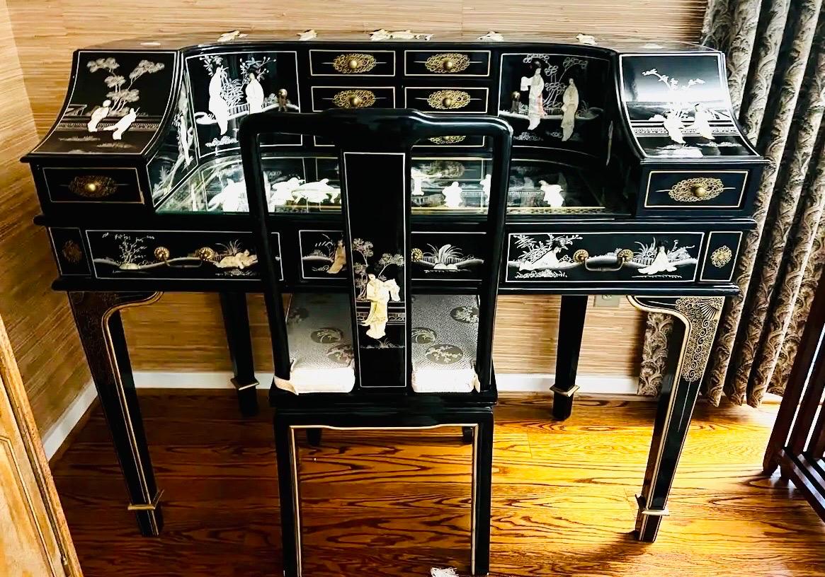 Chinoiserie Black Lacquer and Mother of Pearl Writing Desk Table and Chair 5