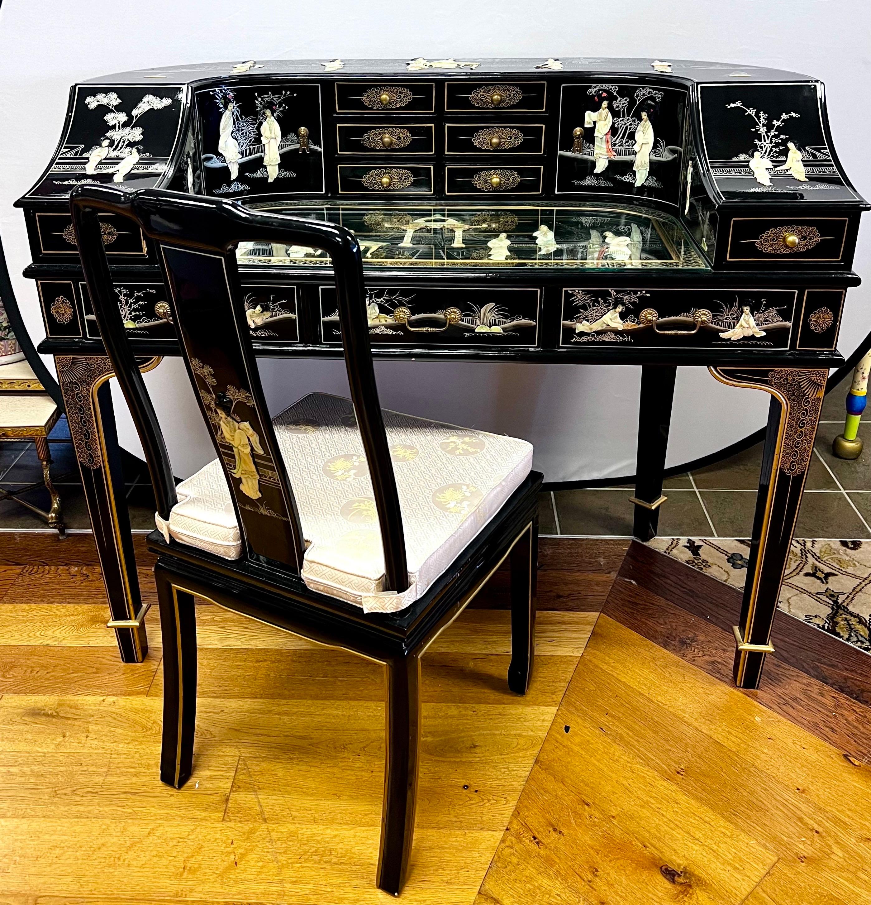 Chinese Chinoiserie Black Lacquer and Mother of Pearl Writing Desk Table and Chair