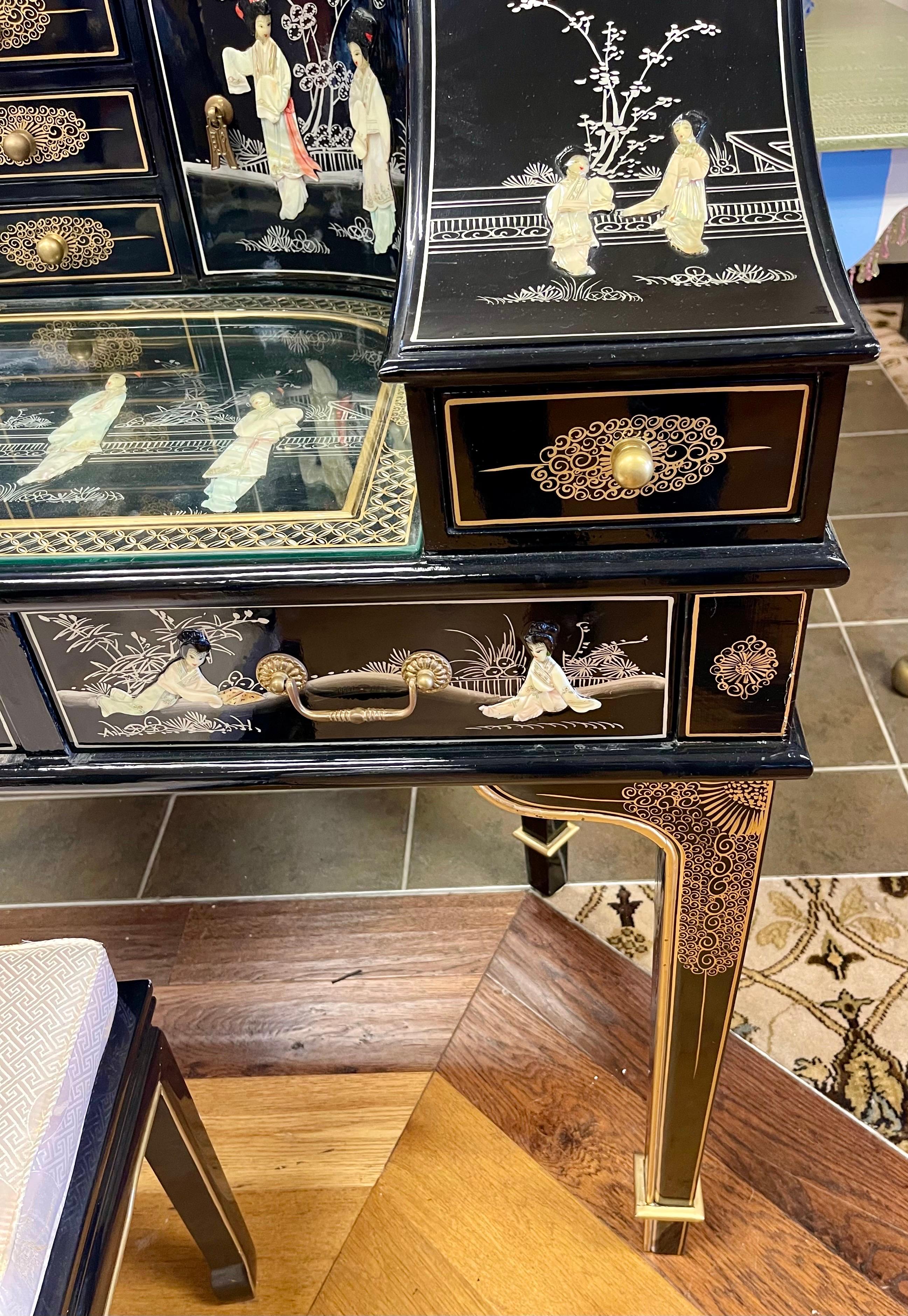 20th Century Chinoiserie Black Lacquer and Mother of Pearl Writing Desk Table and Chair