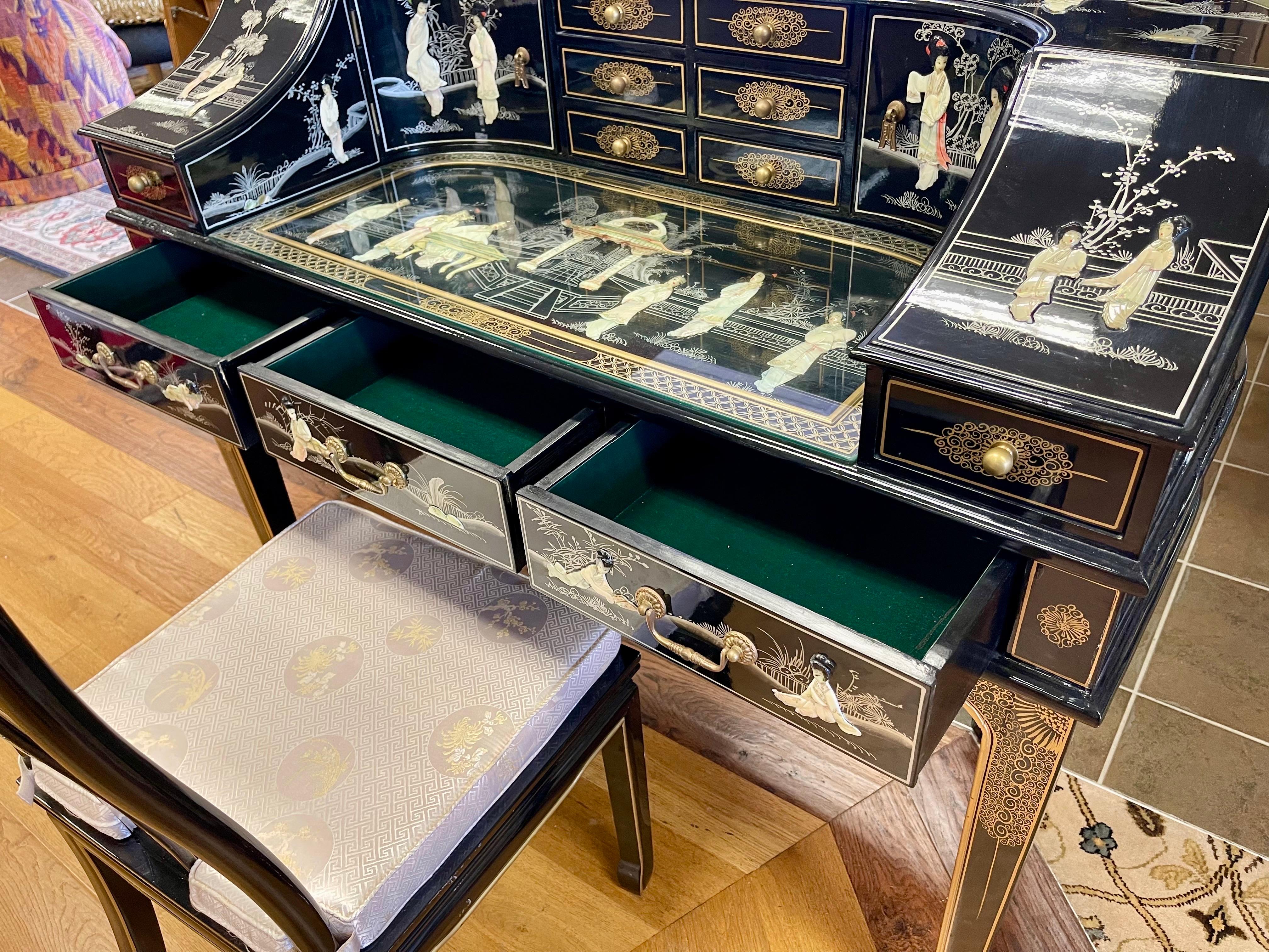 Mother-of-Pearl Chinoiserie Black Lacquer and Mother of Pearl Writing Desk Table and Chair