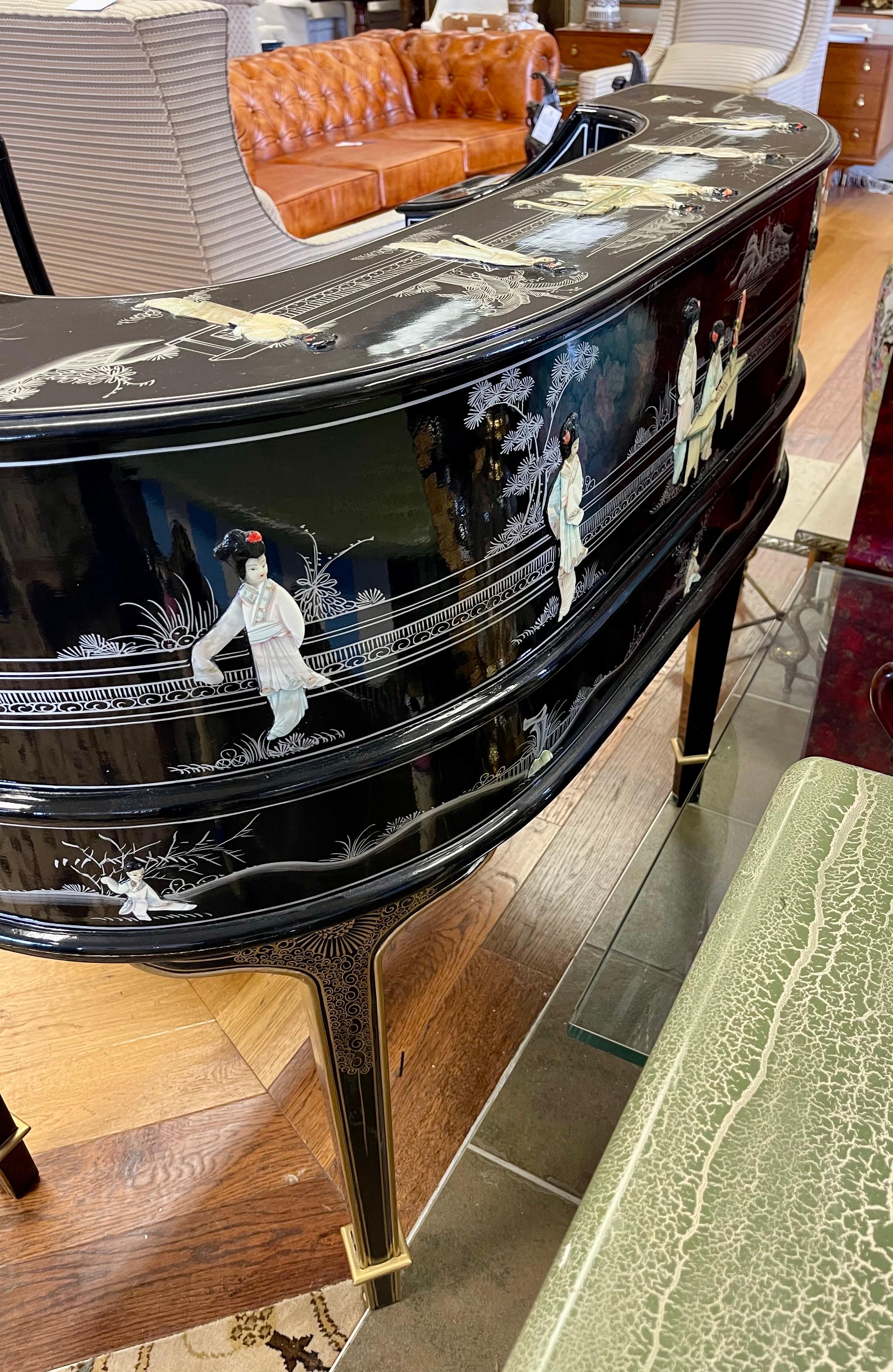 Chinoiserie Black Lacquer and Mother of Pearl Writing Desk Table and Chair 1