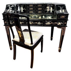 Chinoiserie Black Lacquer and Mother of Pearl Writing Desk Table and Chair
