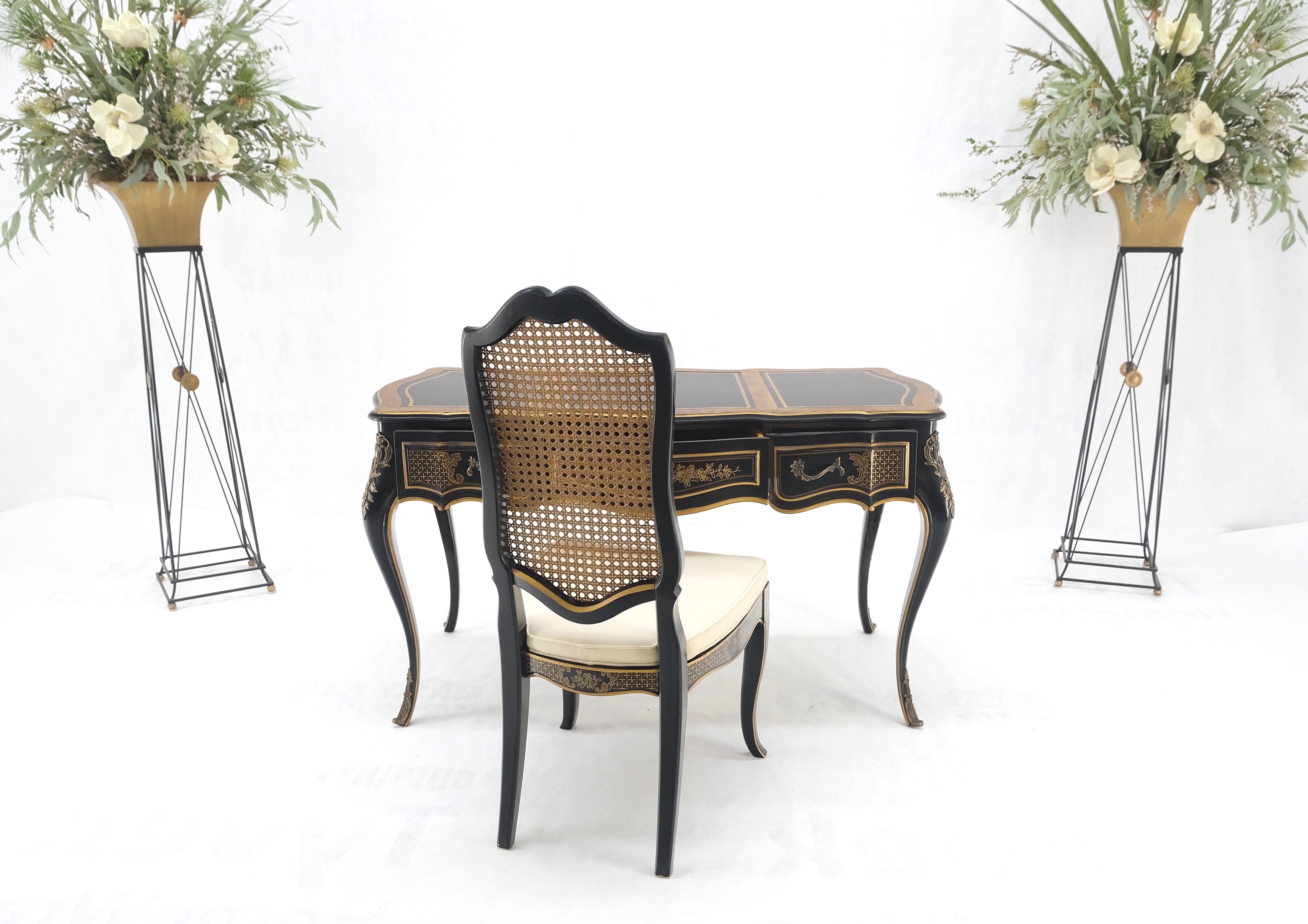 Chinoiserie Black Lacquer Gold Leather Bronze Burl Desk w/ Matching Chair MINT! For Sale 7