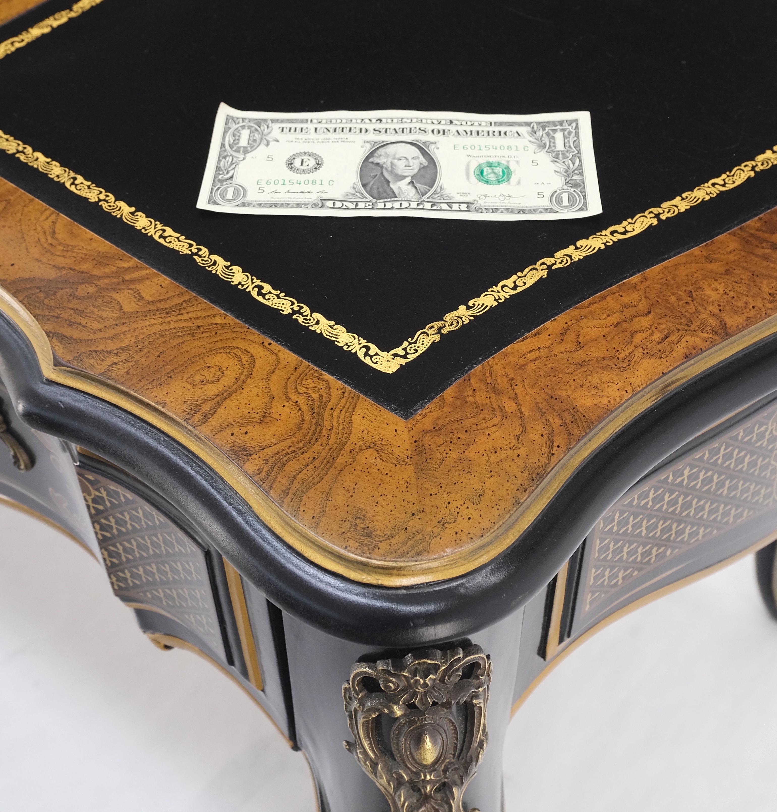 Chinoiserie Black Lacquer Gold Leather Bronze Burl Desk w/ Matching Chair MINT! For Sale 8