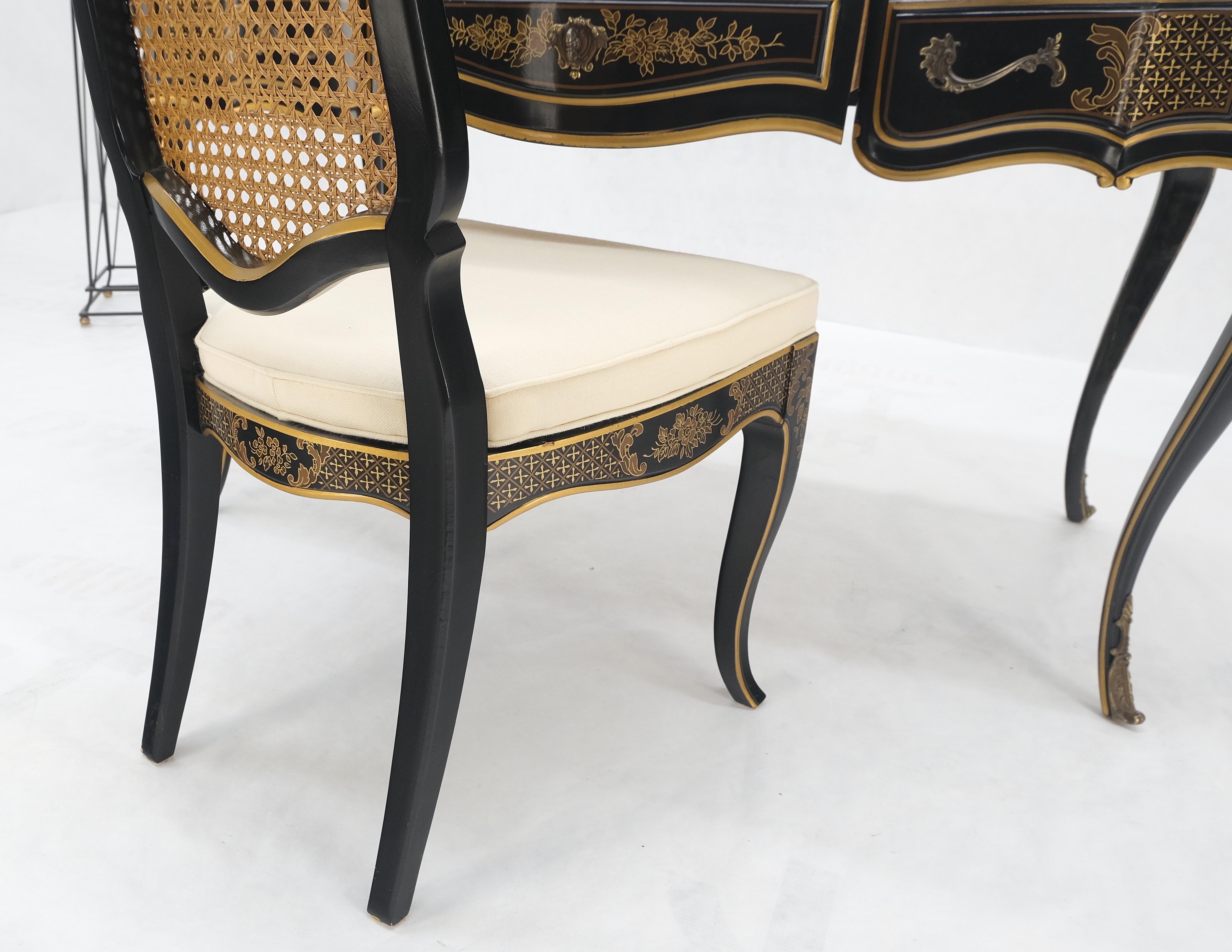 Chinoiserie Black Lacquer Gold Leather Bronze Burl Desk w/ Matching Chair MINT! For Sale 9