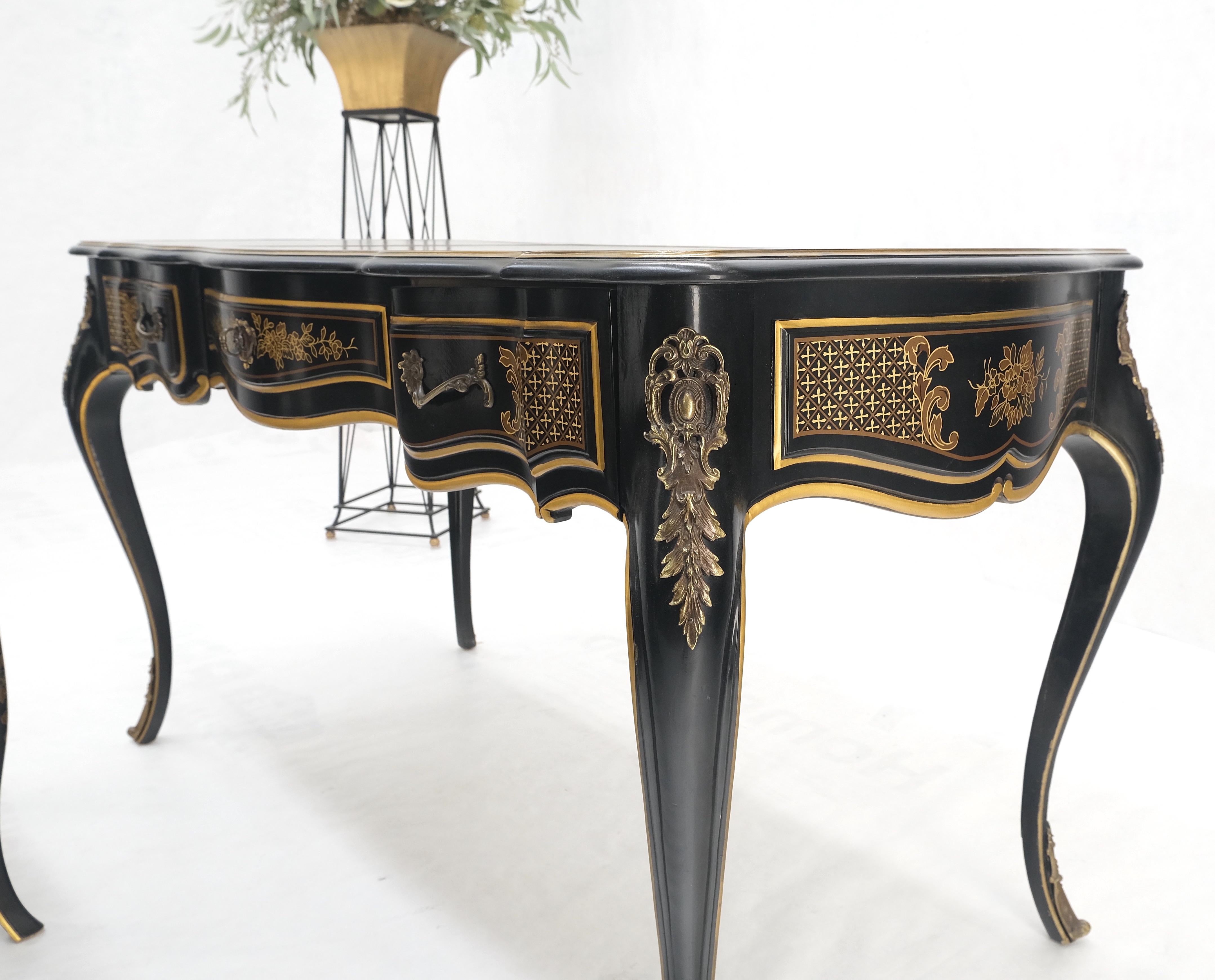 Chinoiserie Black Lacquer Gold Leather Bronze Burl Desk w/ Matching Chair MINT! For Sale 10