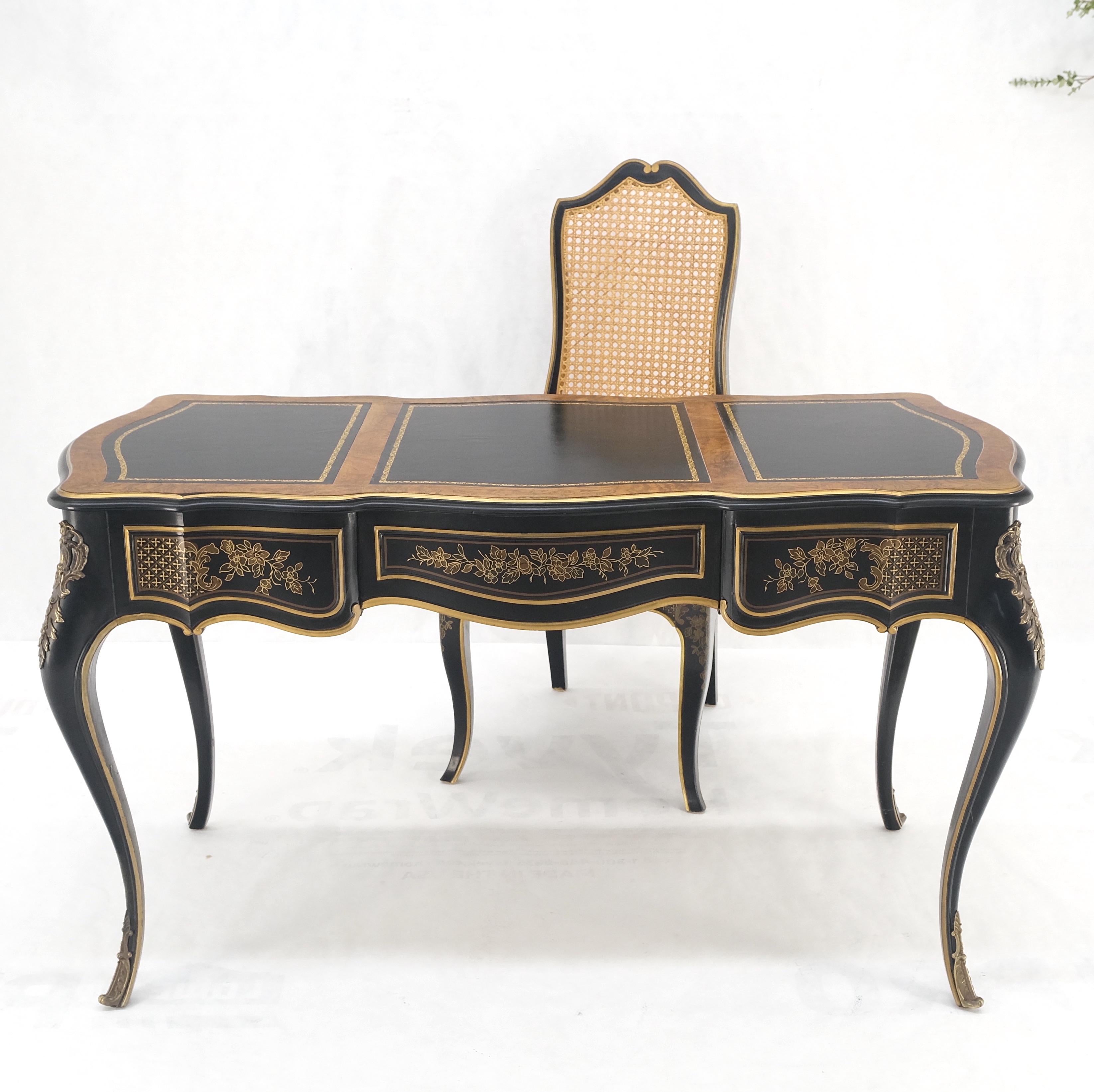 American Chinoiserie Black Lacquer Gold Leather Bronze Burl Desk w/ Matching Chair MINT! For Sale