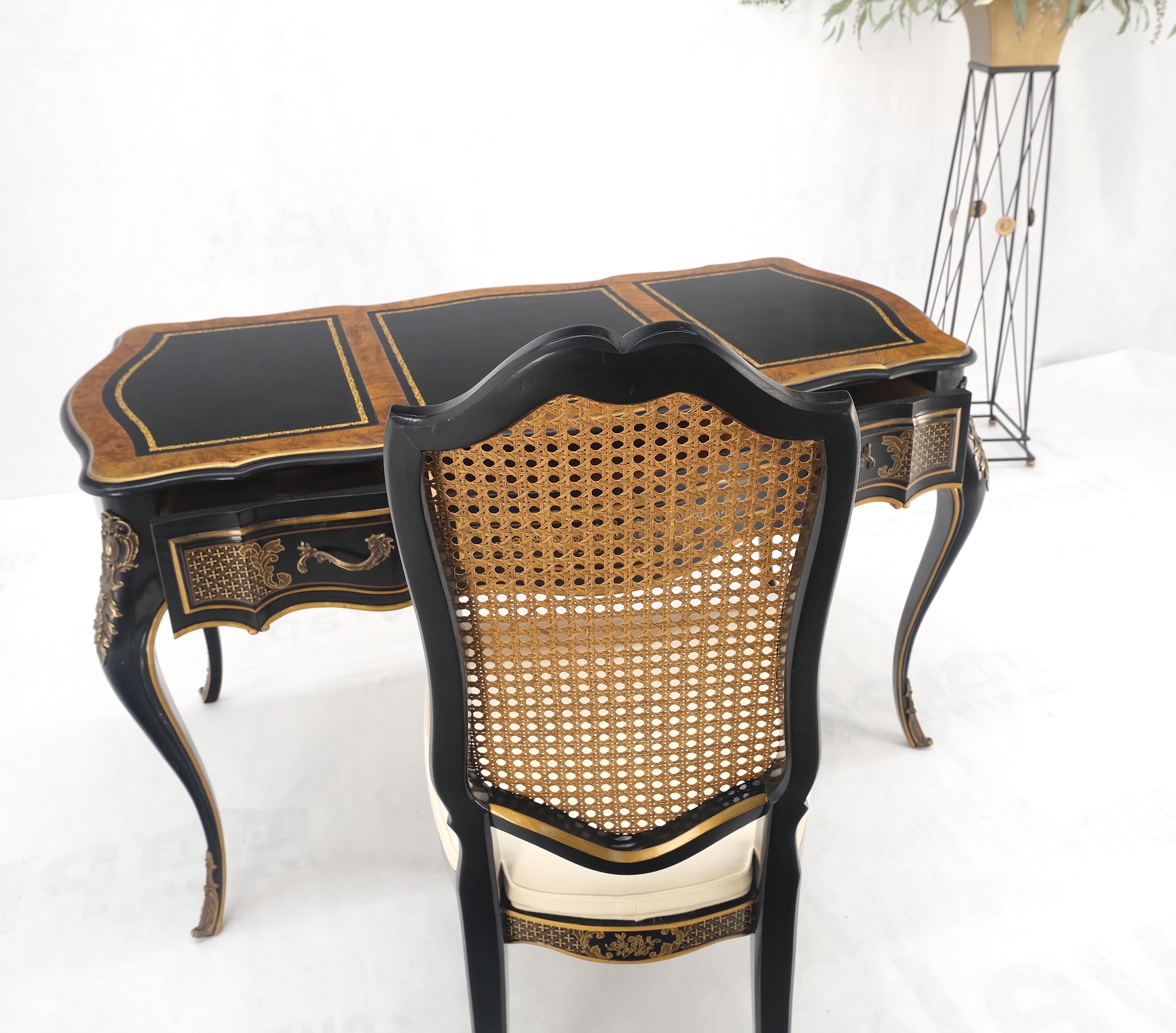 Lacquered Chinoiserie Black Lacquer Gold Leather Bronze Burl Desk w/ Matching Chair MINT! For Sale
