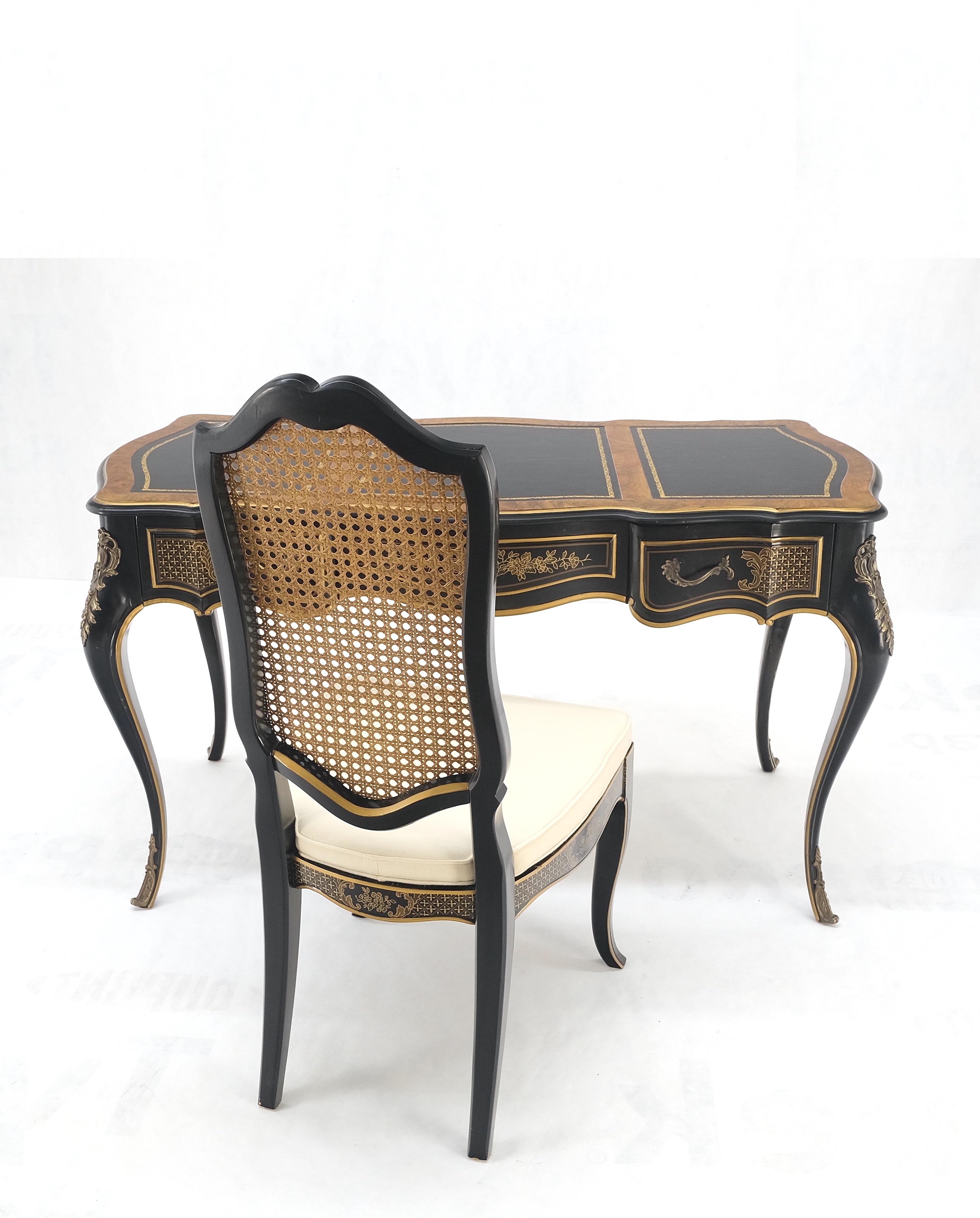 20th Century Chinoiserie Black Lacquer Gold Leather Bronze Burl Desk w/ Matching Chair MINT! For Sale
