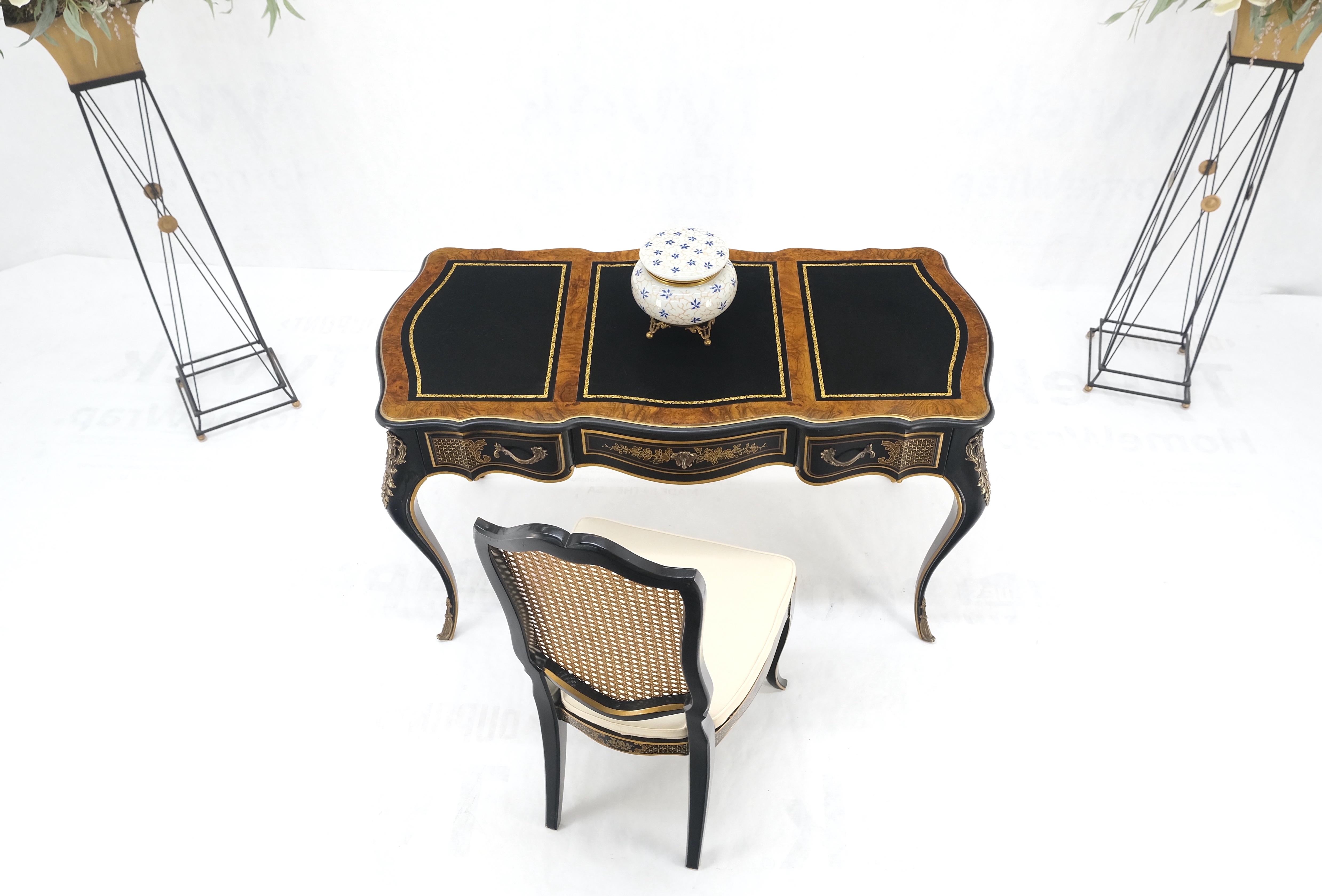 Chinoiserie Black Lacquer Gold Leather Bronze Burl Desk w/ Matching Chair MINT! For Sale 1