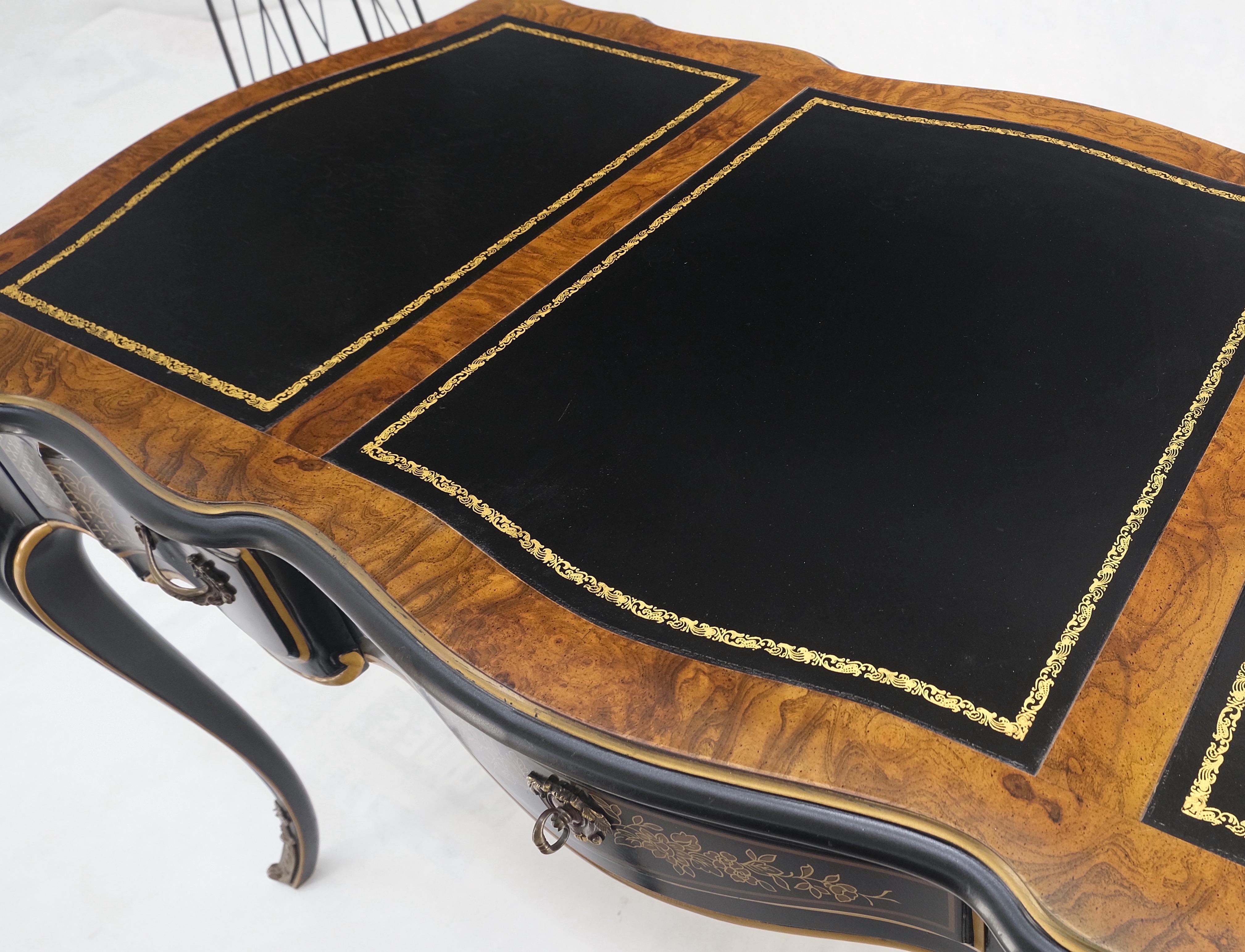 Chinoiserie Black Lacquer Gold Leather Bronze Burl Desk w/ Matching Chair MINT! For Sale 2