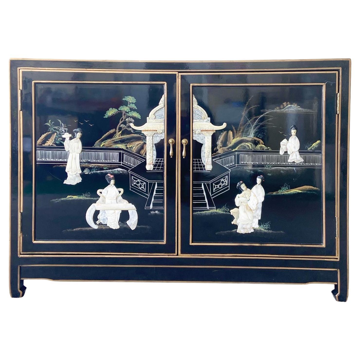 Chinoiserie Black Lacquer Mother of Pearl Credenza