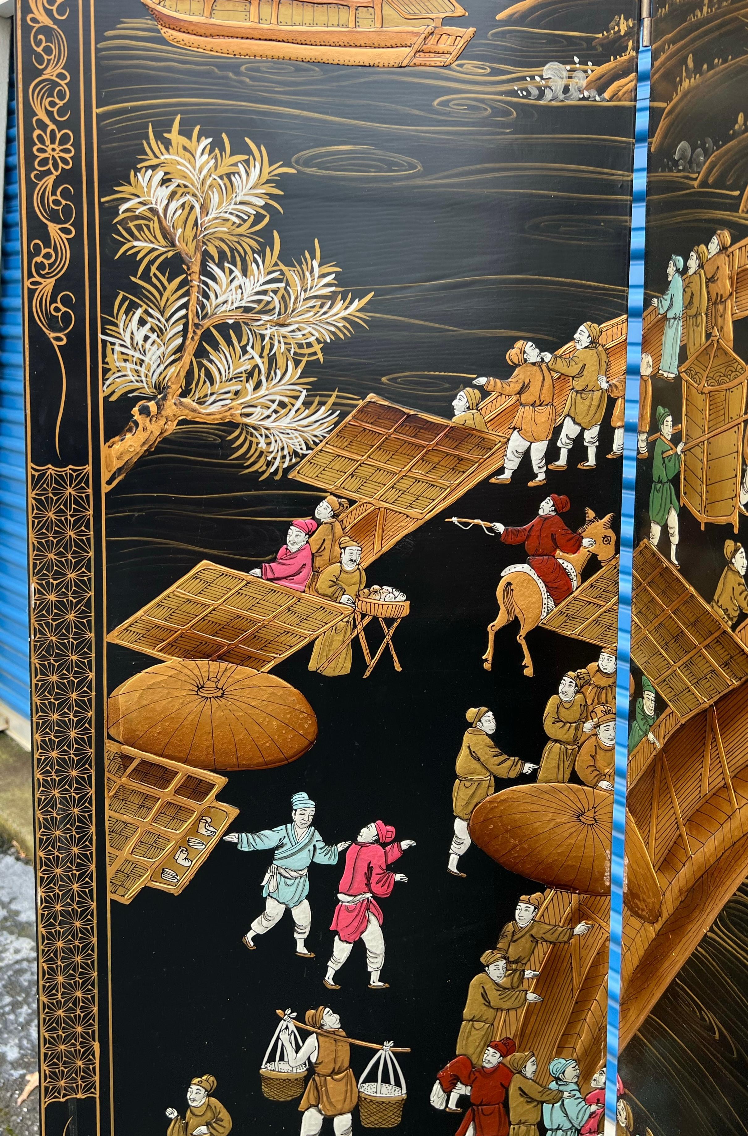 20th Century Chinoiserie Black Lacquer Screen Att. Decorative Crafts, 4 Panel Wall Art For Sale