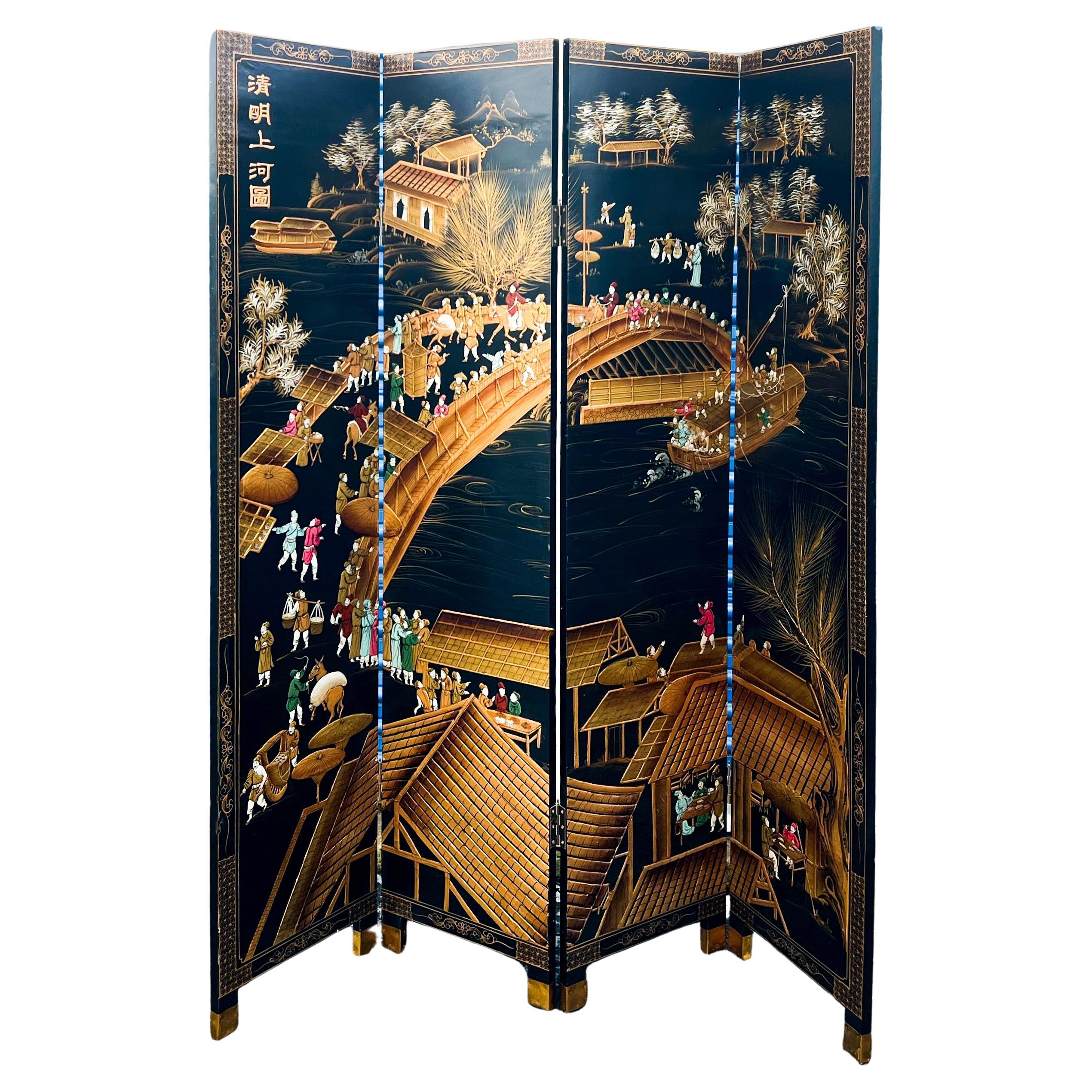 Chinoiserie Black Lacquer Screen Att. Decorative Crafts, 4 Panel Wall Art For Sale