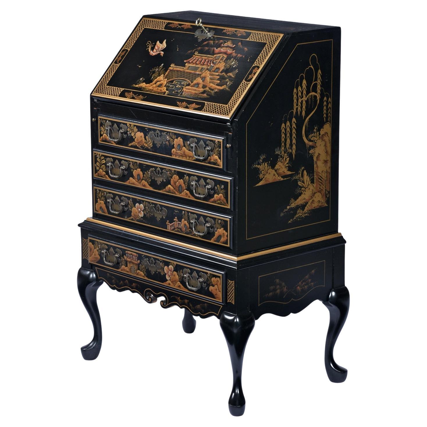 Chinoiserie Black Lacquer Secretary Desk by Maddox, Asian Motif, 1970s