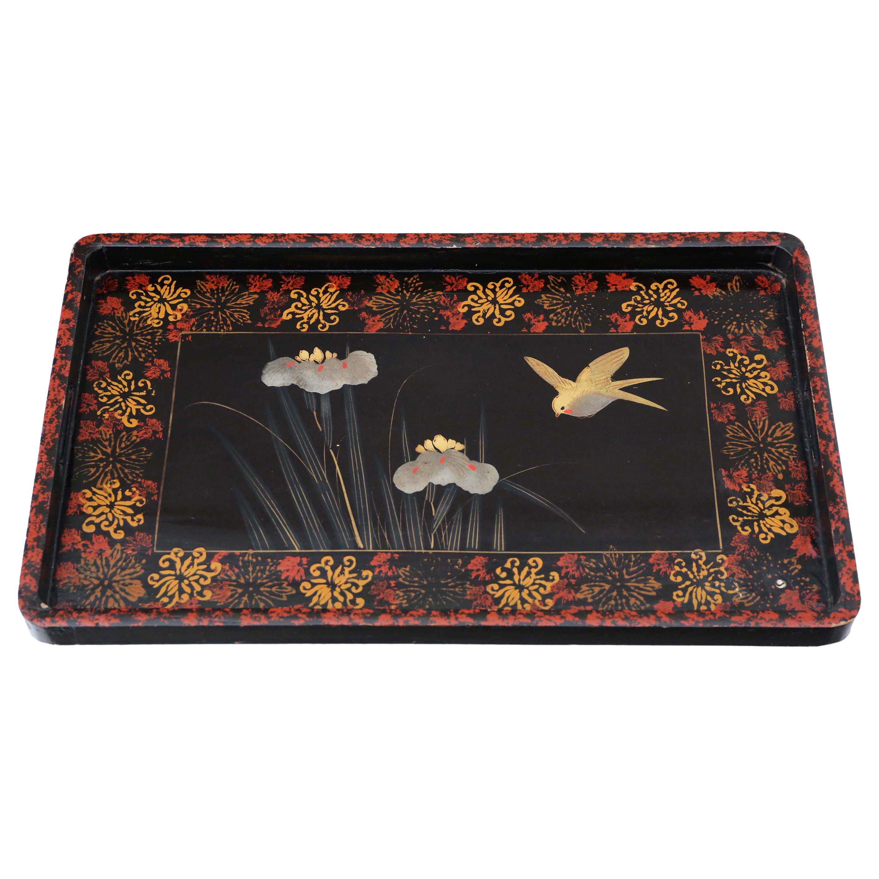 Chinoiserie, Black, Lacquer, Serving, Tray, circa 1910