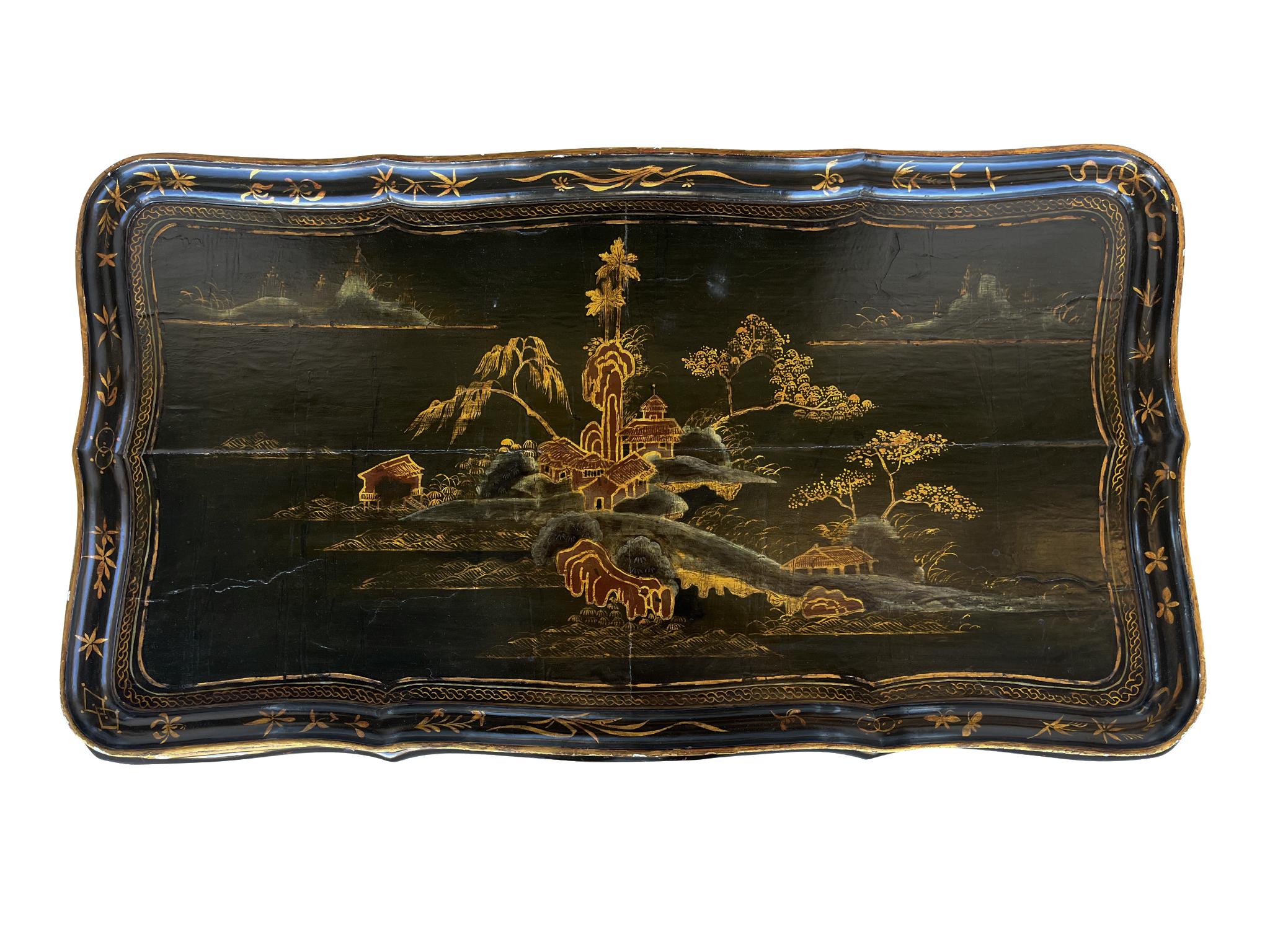 Japanned Chinoiserie Black Lacquer Side Table For Sale