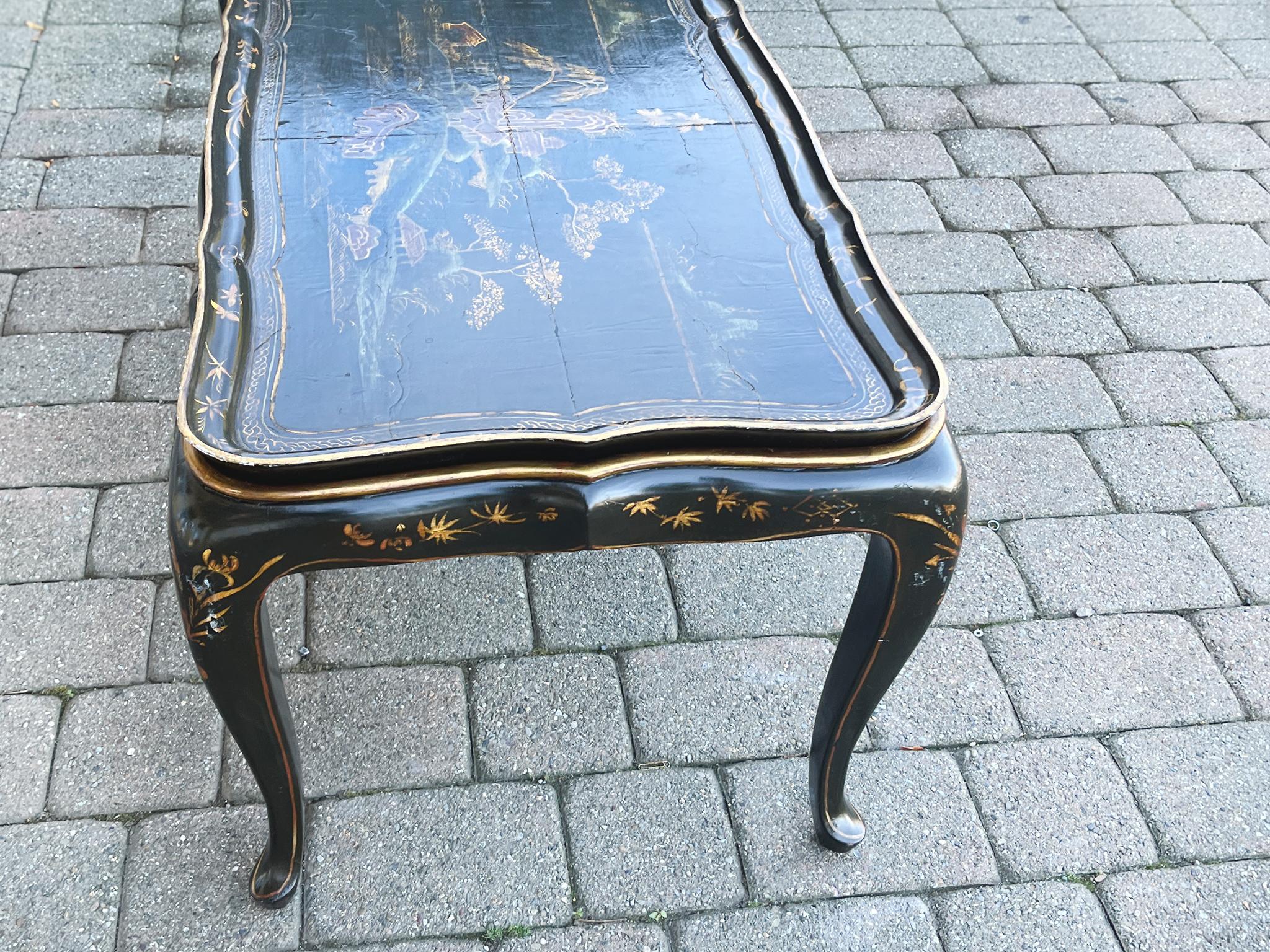 Wood Chinoiserie Black Lacquer Side Table For Sale