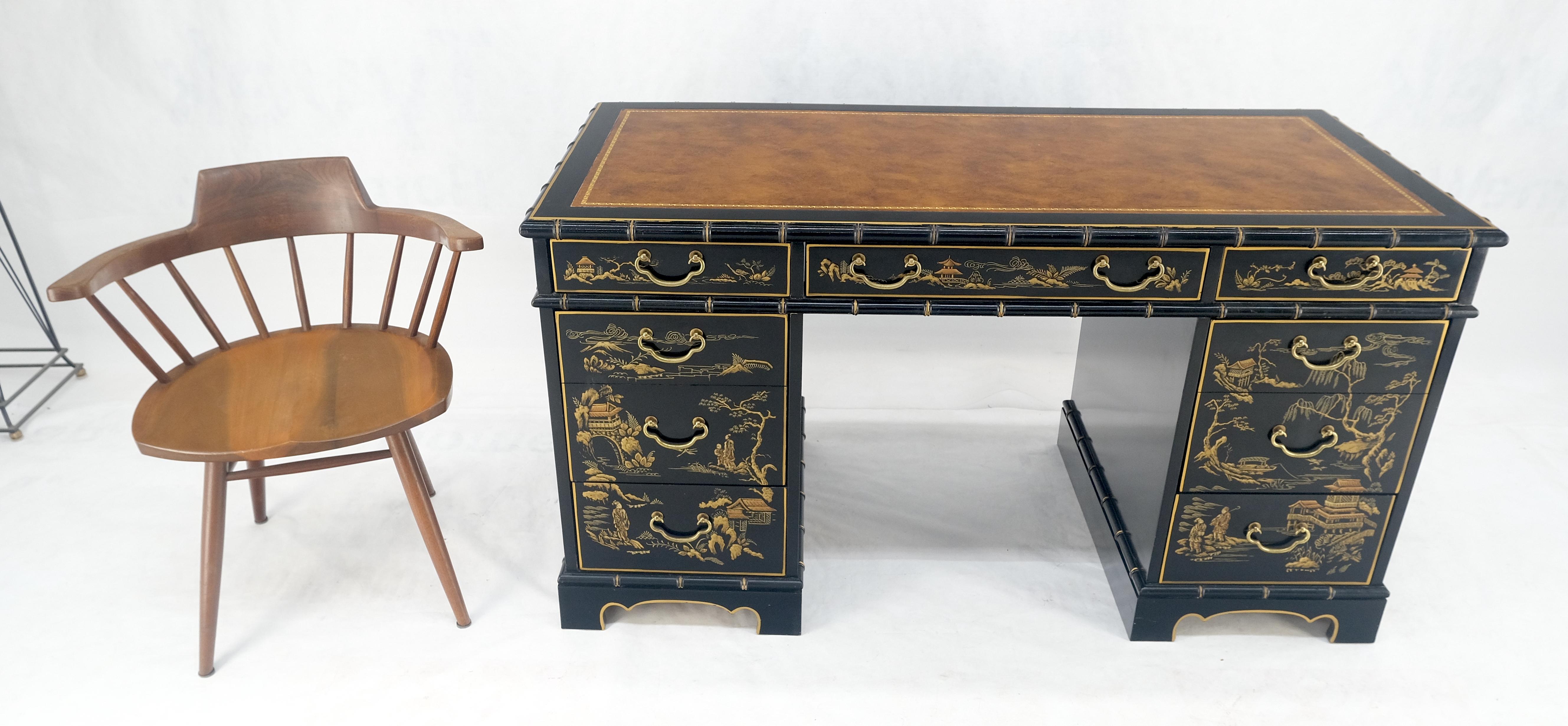 Chinoiserie Schwarz lackiertes braunes Lederoberteil aus Kunstbambus 56