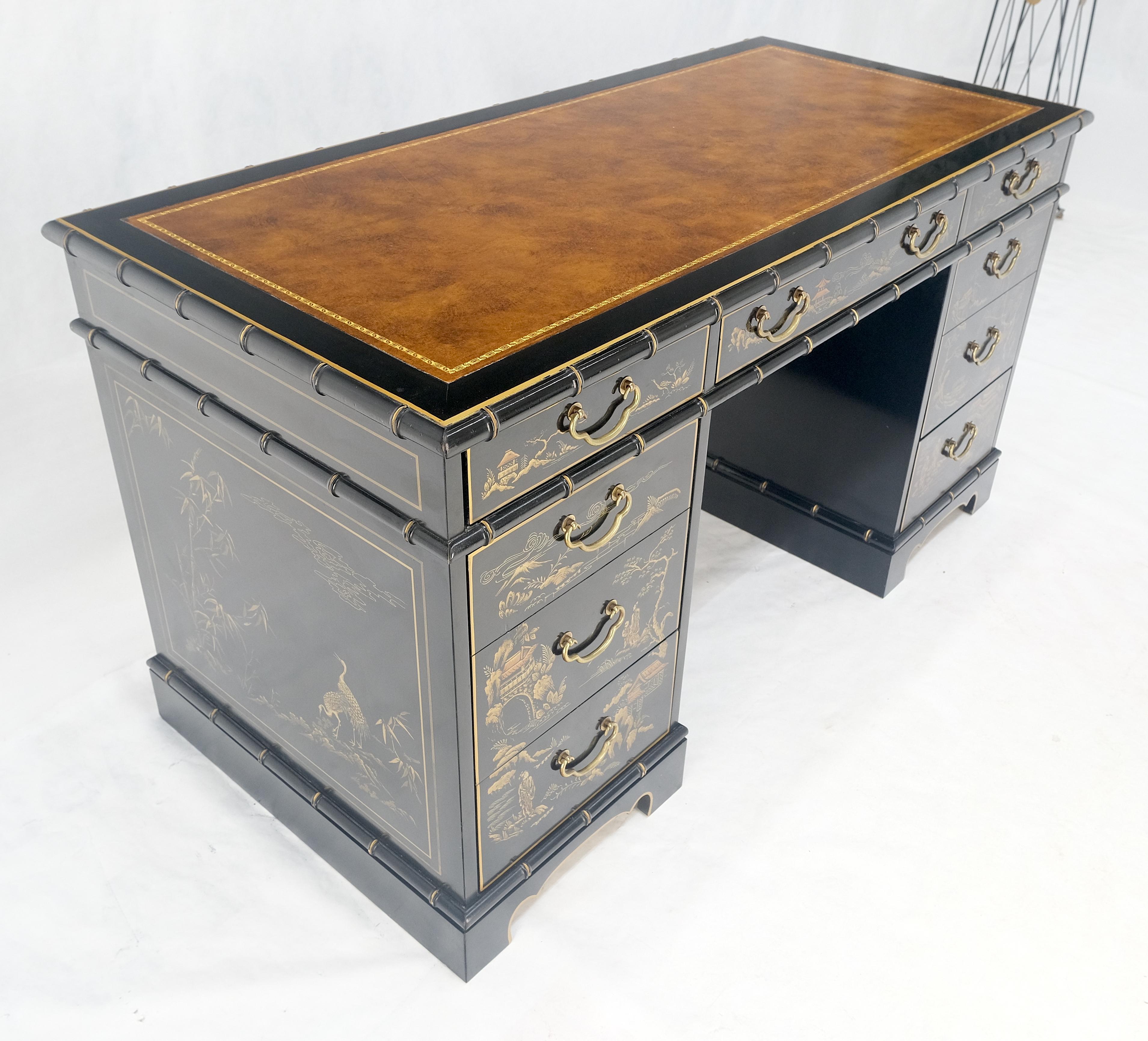 Chinoiserie Schwarz lackiertes braunes Lederoberteil aus Kunstbambus 56