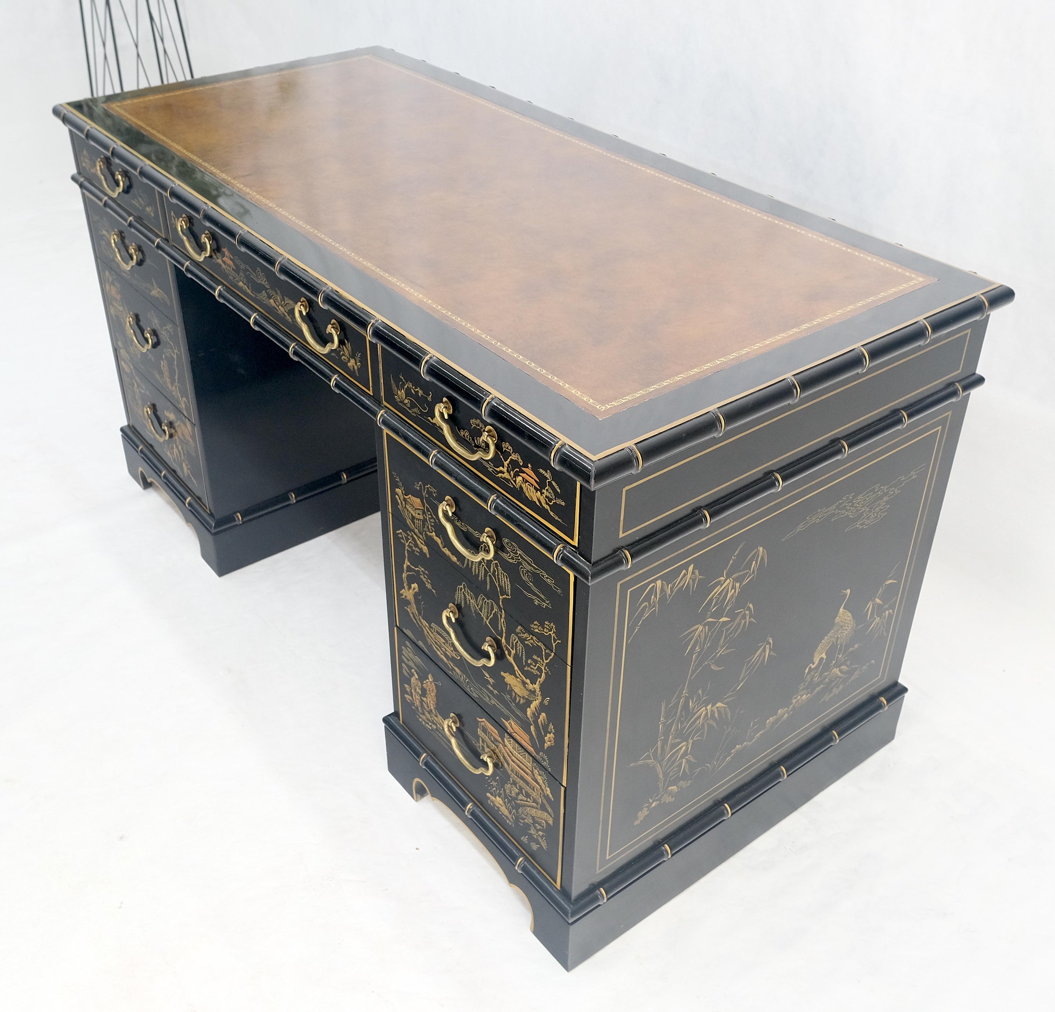 Chinoiserie Schwarz lackiertes braunes Lederoberteil aus Kunstbambus 56