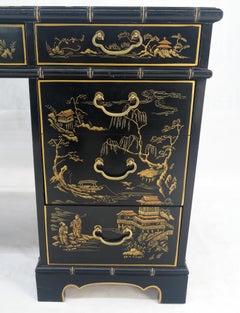 Chinoiserie Black Lacquer Tan Leather Top Faux Bamboo 56" Wide Desk Drexel MINT!
