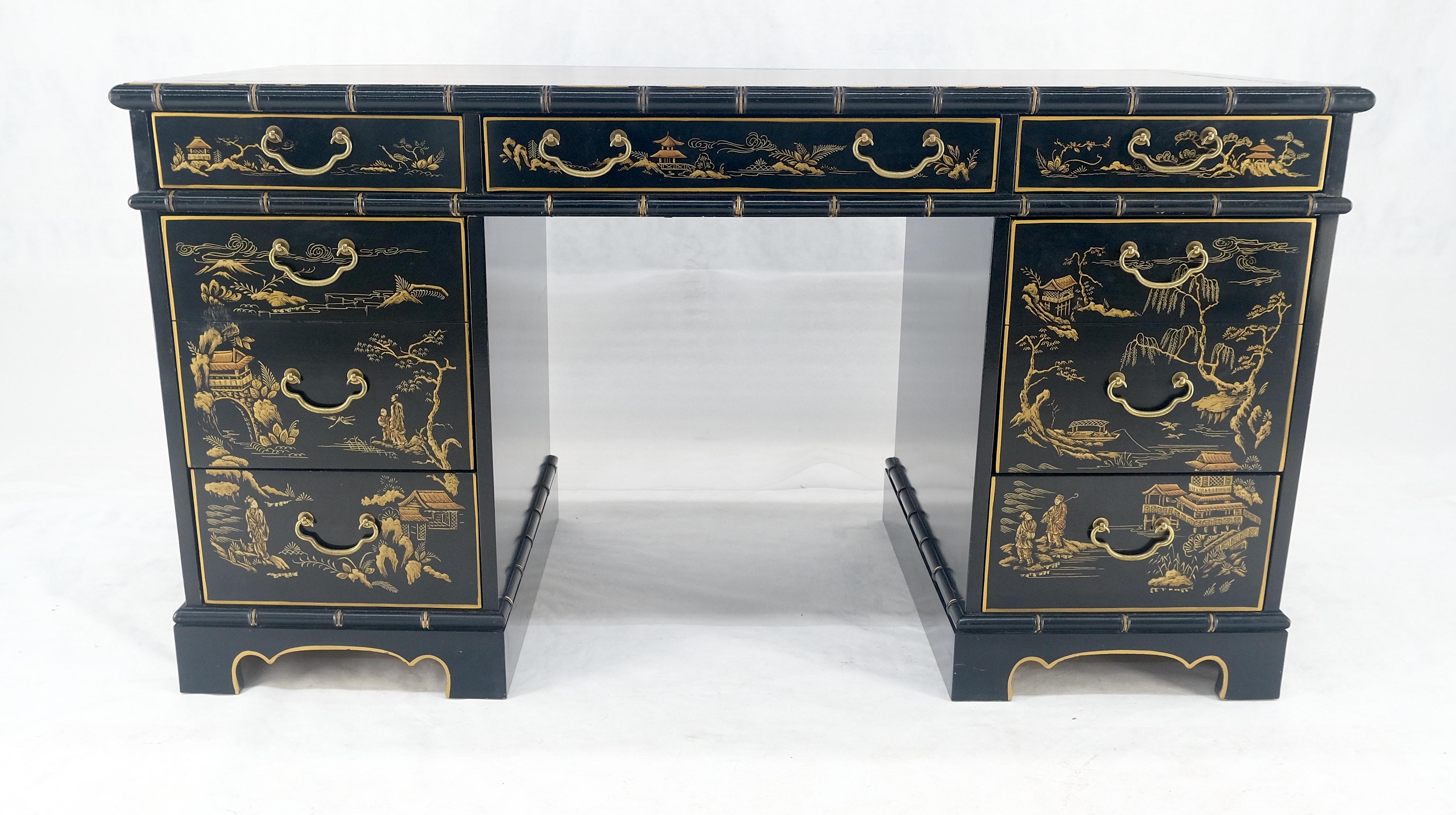 Chinoiserie Schwarz lackiertes braunes Lederoberteil aus Kunstbambus 56