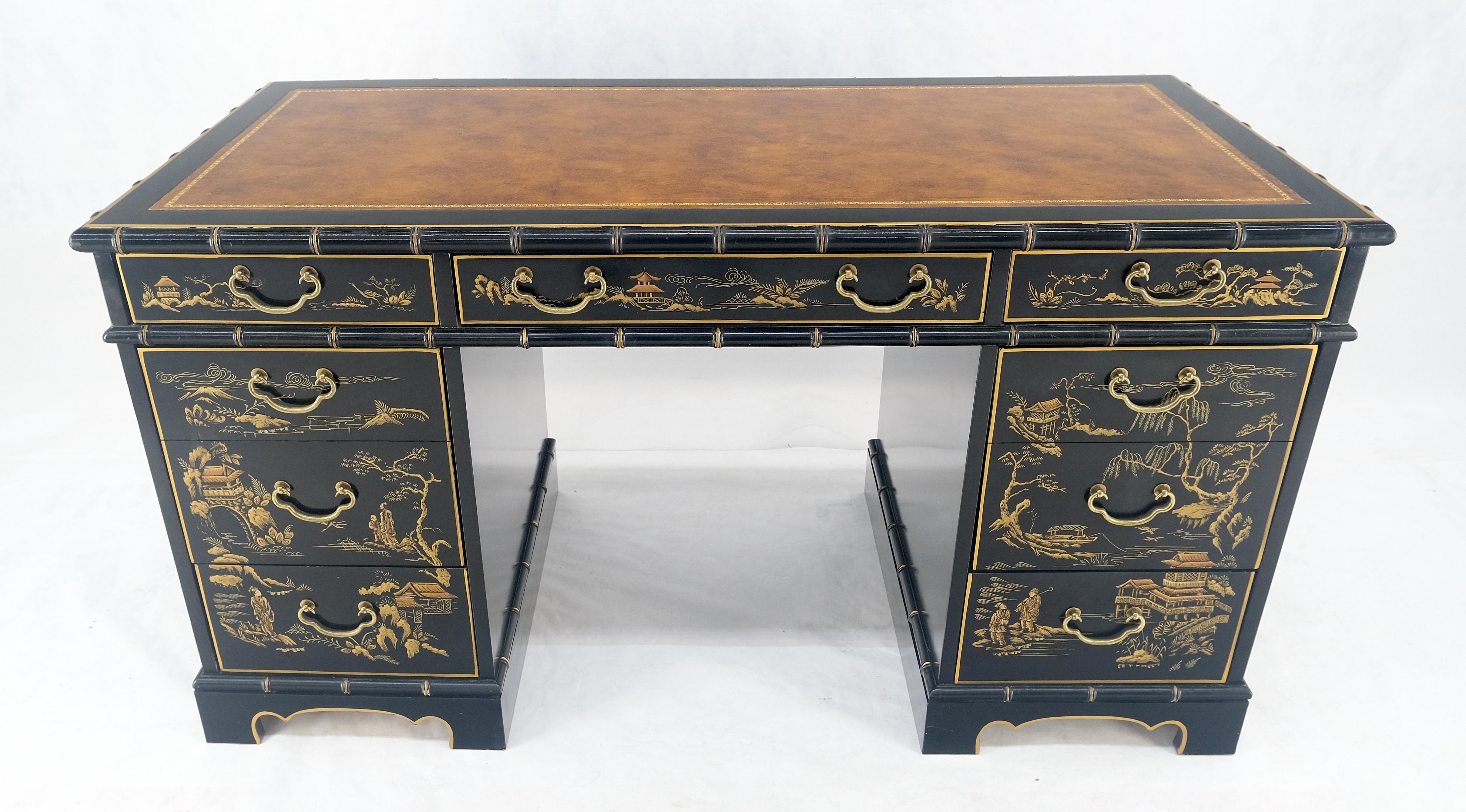 Chinoiserie Schwarz lackiertes braunes Lederoberteil aus Kunstbambus 56