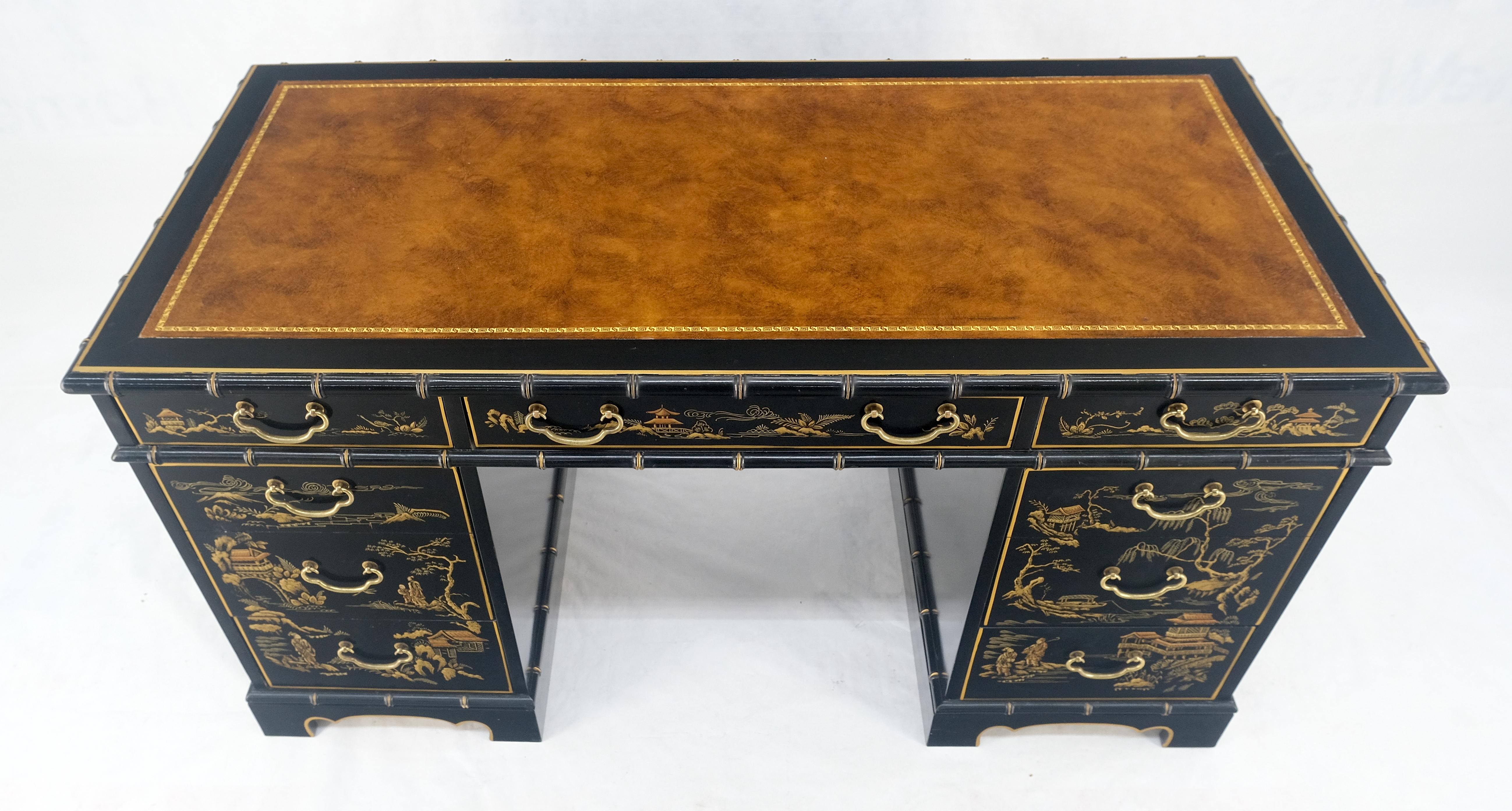 Chinoiserie Schwarz lackiertes braunes Lederoberteil aus Kunstbambus 56