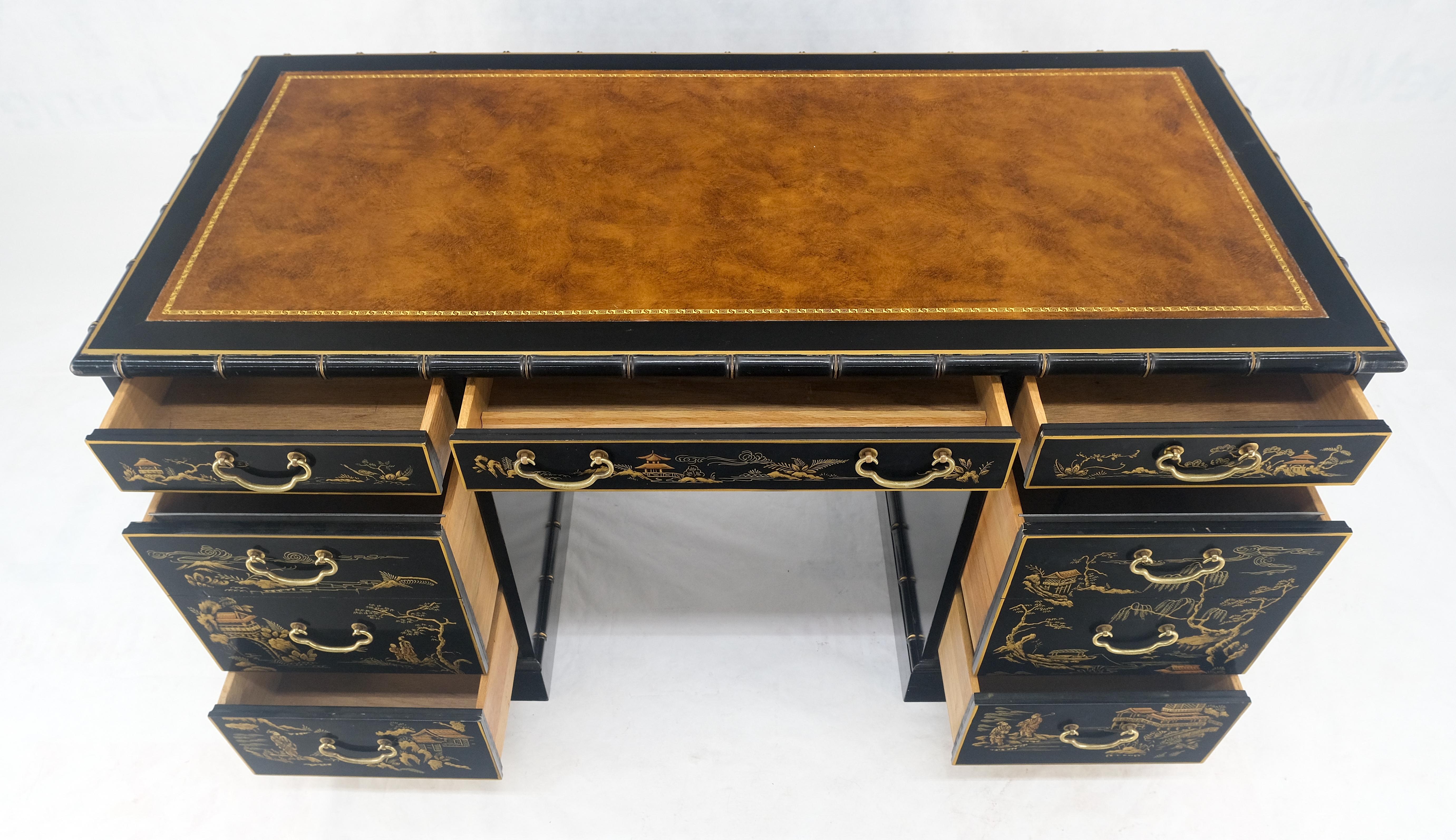 Chinoiserie Schwarz lackiertes braunes Lederoberteil aus Kunstbambus 56