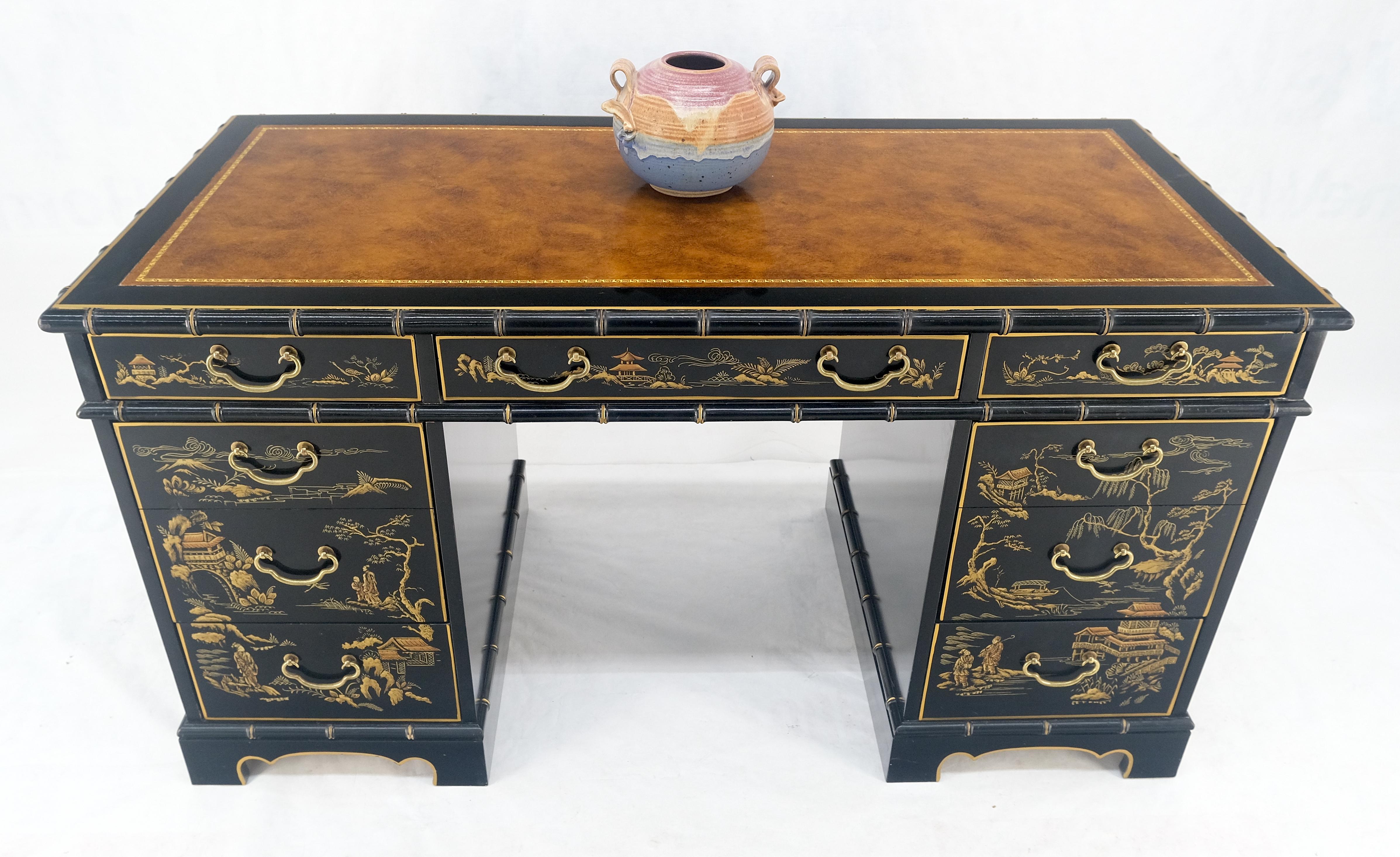 Chinoiserie Schwarz lackiertes braunes Lederoberteil aus Kunstbambus 56