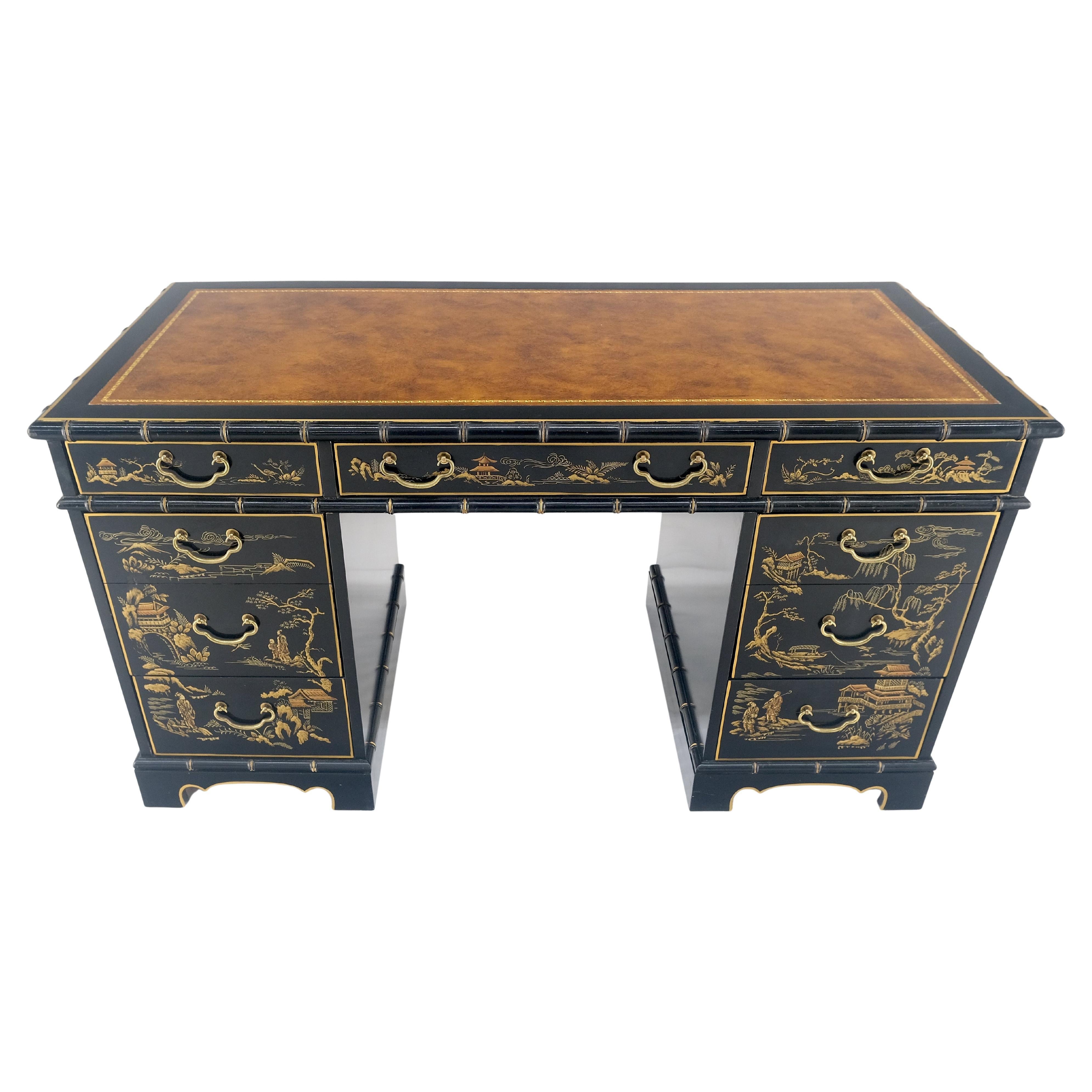 Chinoiserie Black Lacquer Tan Leather Top Faux Bamboo 56" Wide Desk Drexel MINT!