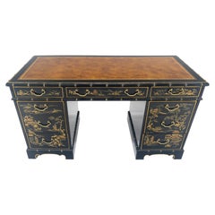 Chinoiserie Black Lacquer Tan Leather Top Faux Bamboo 56" Wide Desk Drexel MINT!
