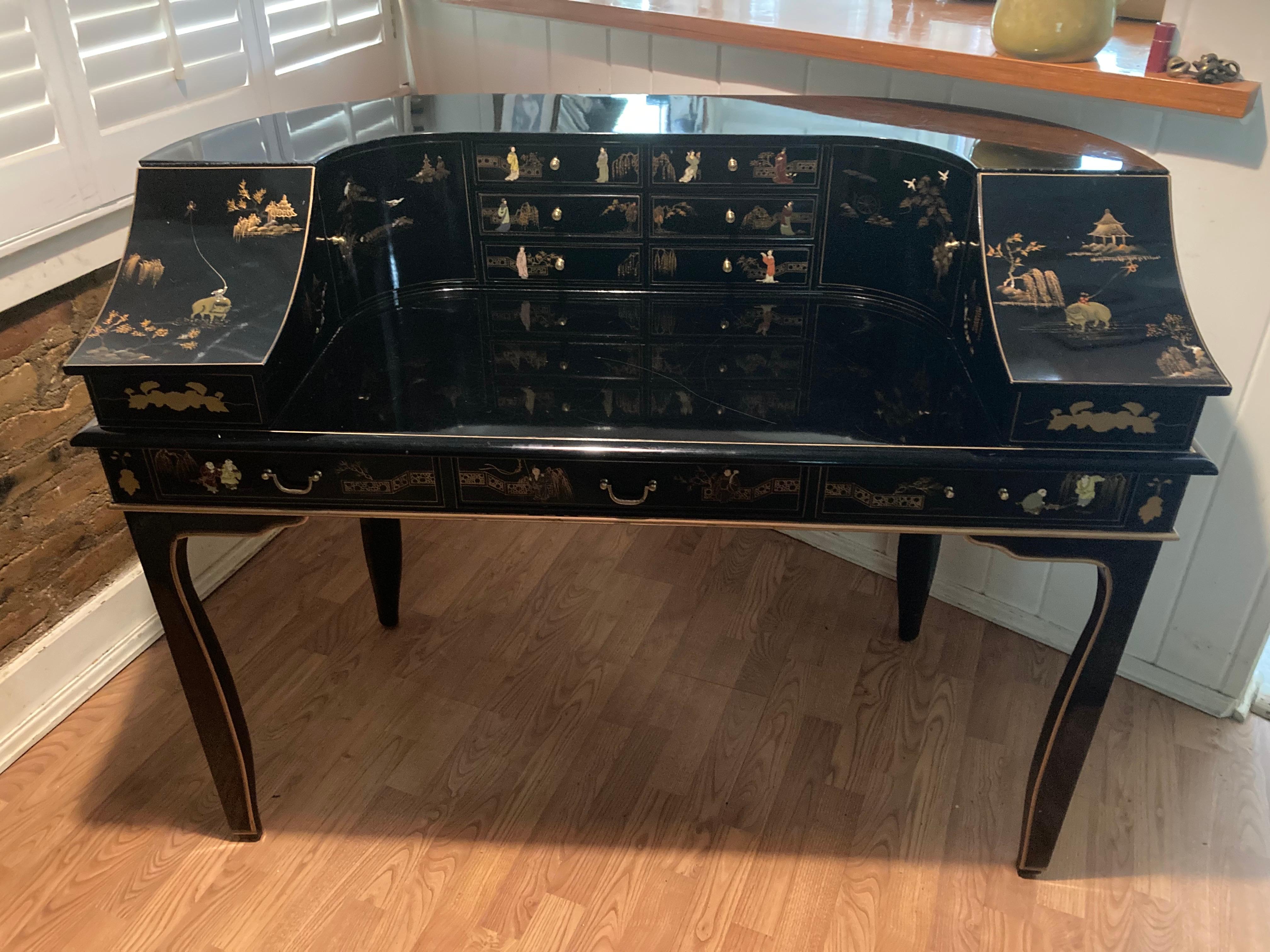 Chinese chinoiserie black lacquer writing desk For Sale
