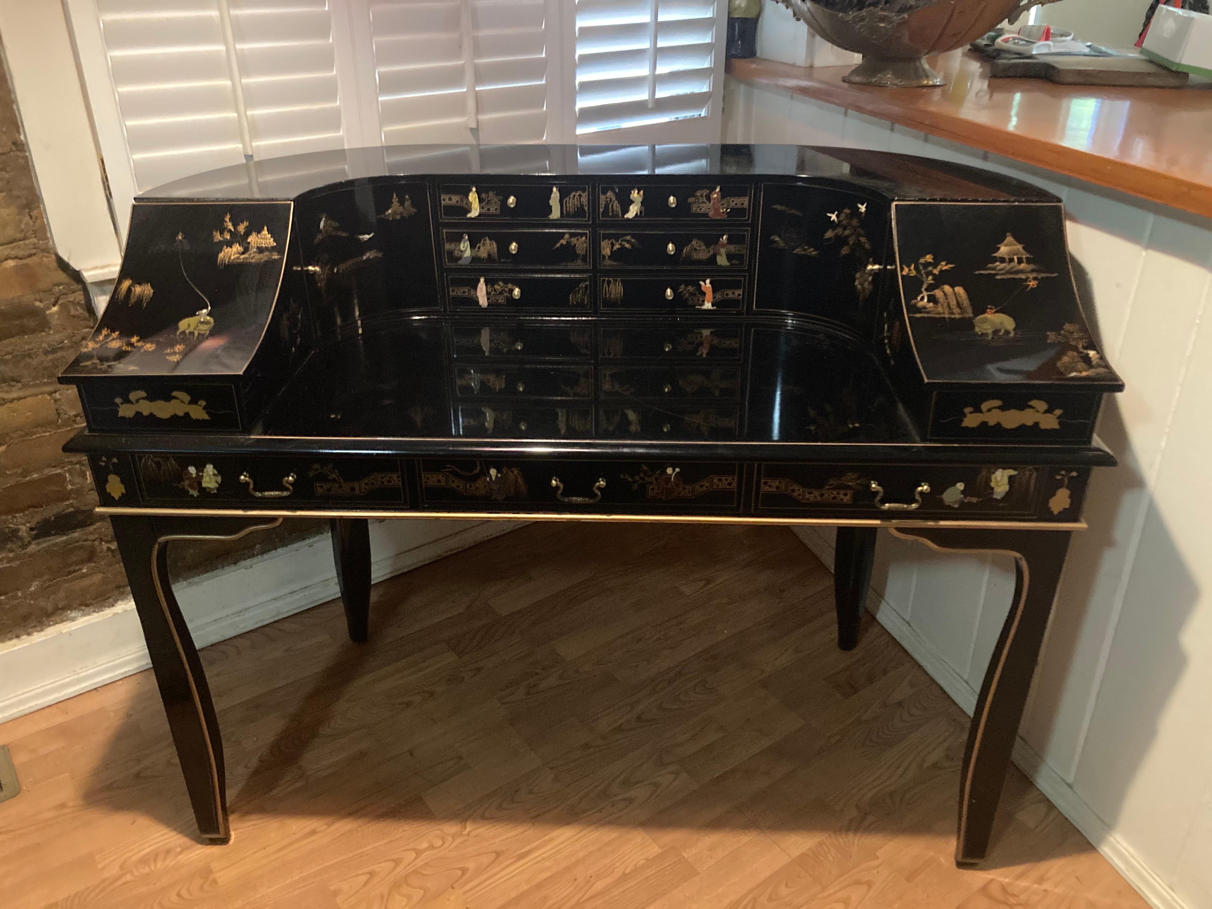 Late 20th Century chinoiserie black lacquer writing desk For Sale